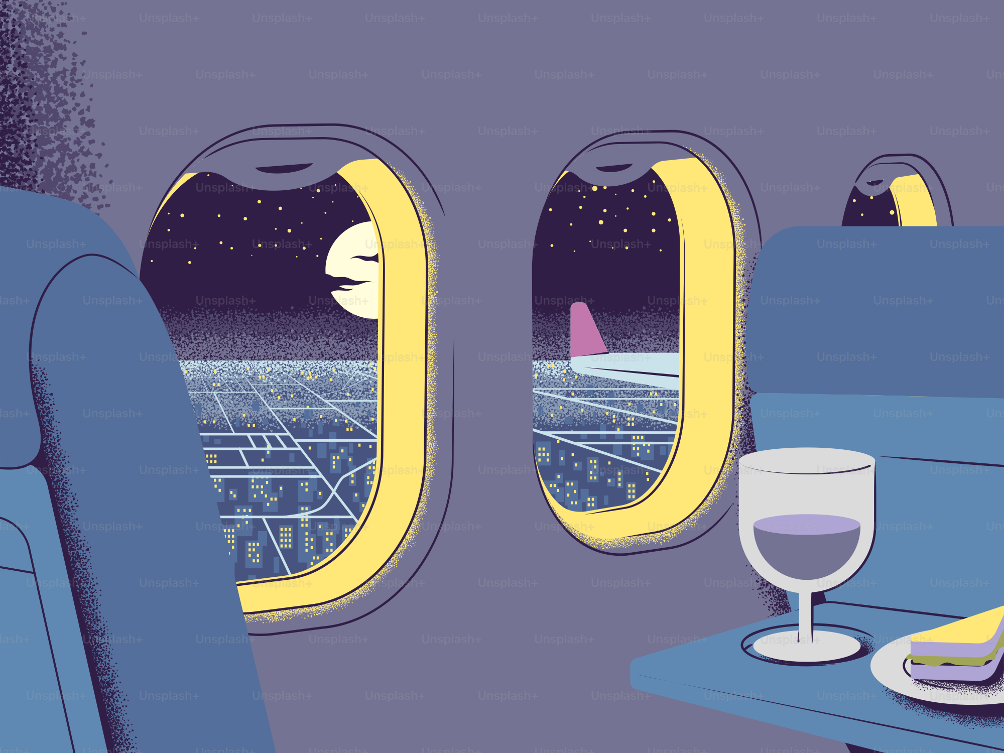 Airplane interior at night with city lights and wine glass.