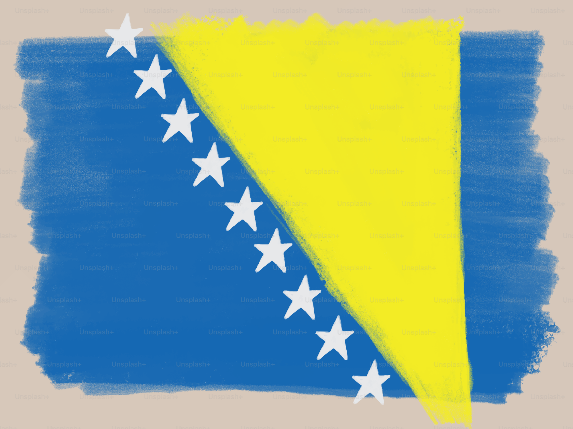 Bandiera bosniaca con campo blu, triangolo giallo e stelle bianche.