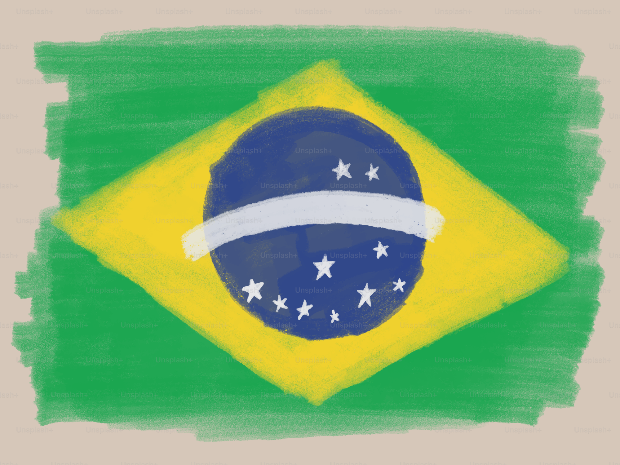 Una bandiera brasiliana disegnata a mano con verde, giallo, blu e bianco.