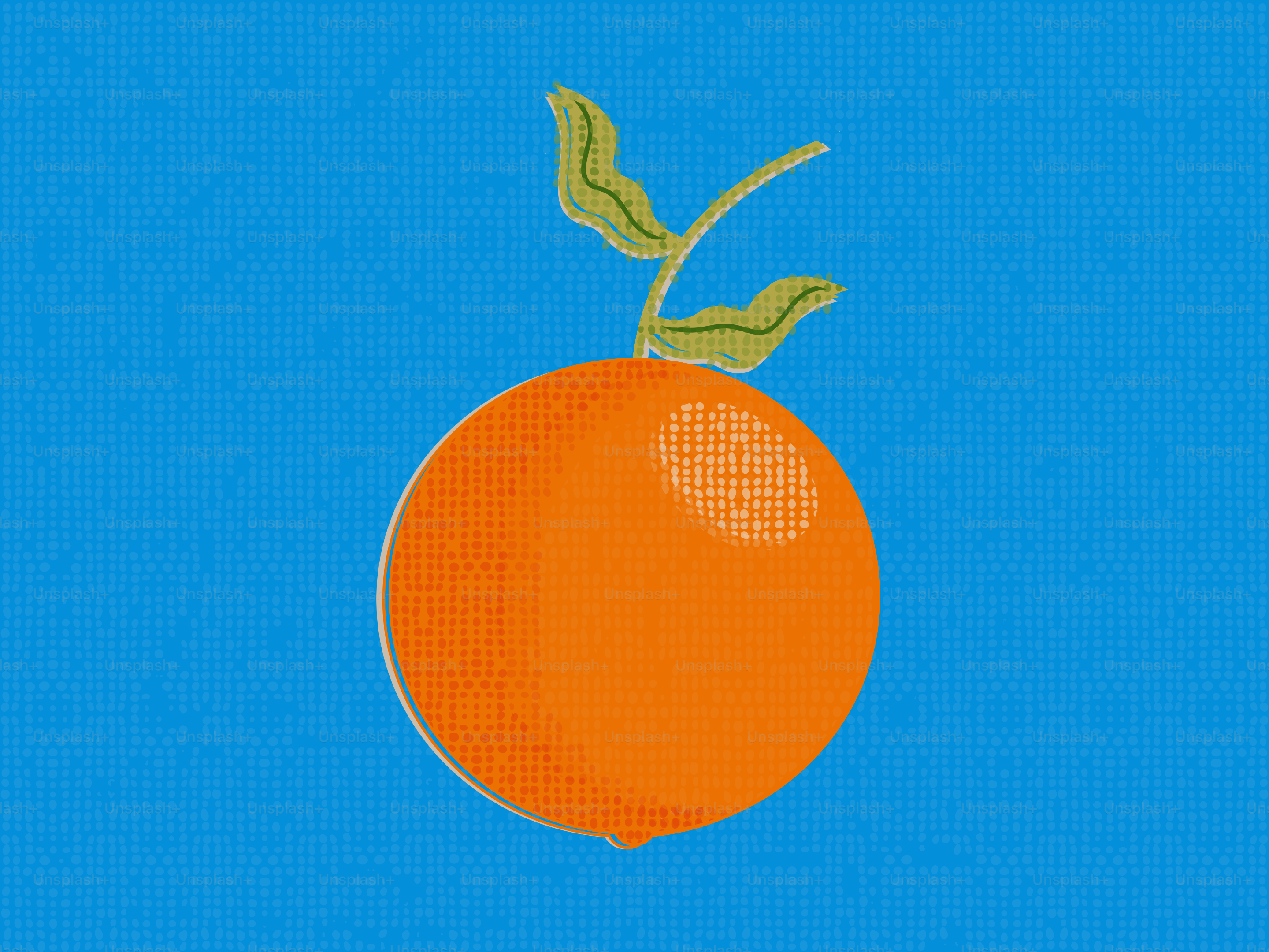 An orange fruit with green leaves on a blue background.