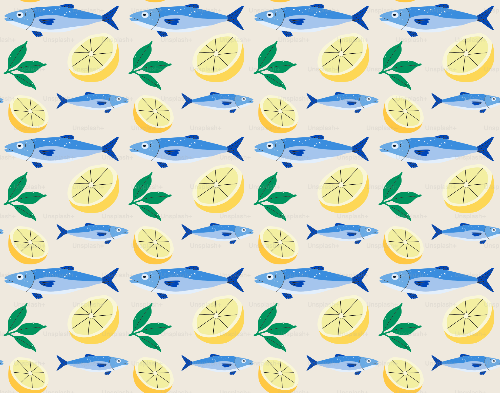 Repeating pattern of blue fish, lemon slices, and green leaves.