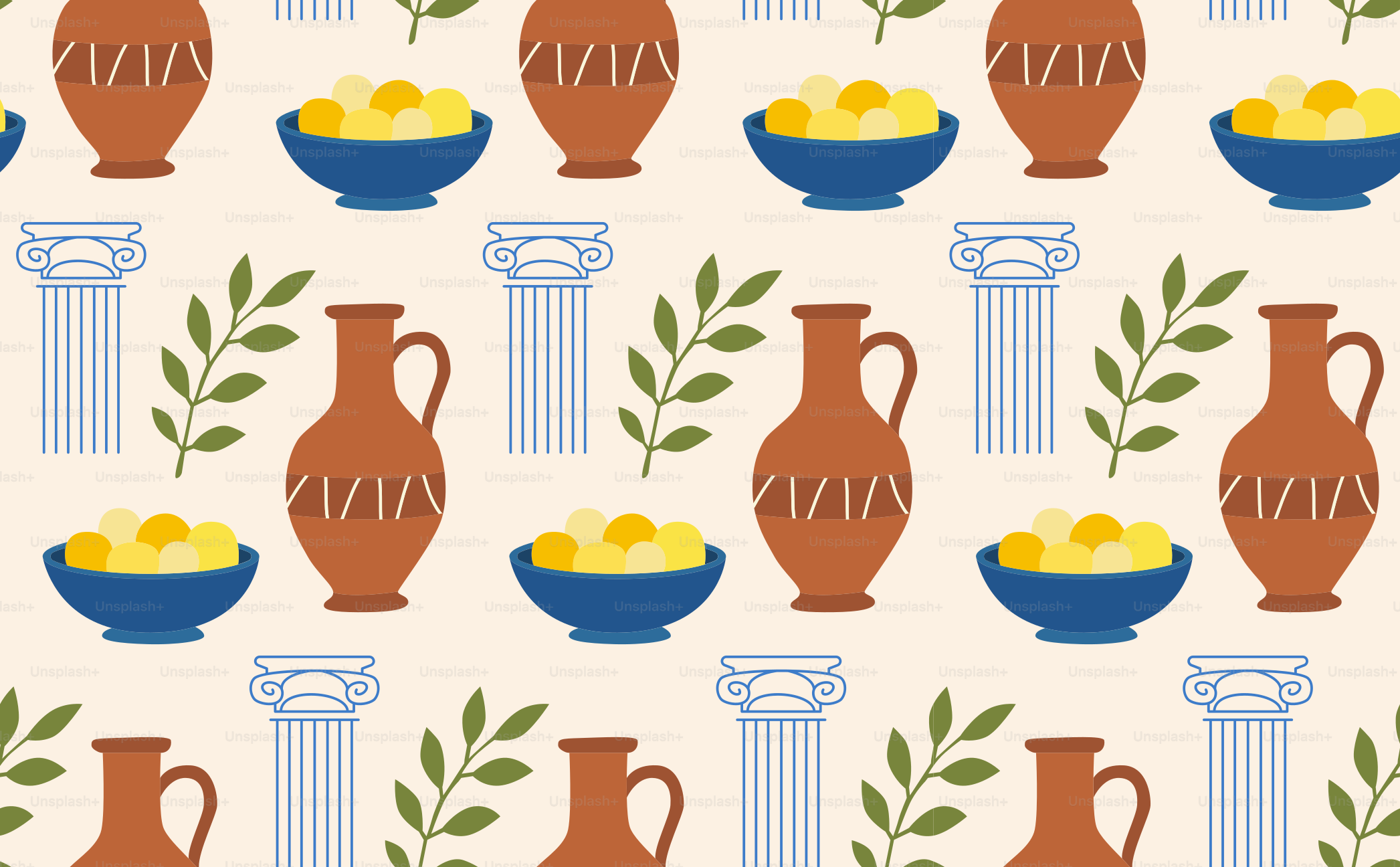 Ancient greek pattern with vases, bowls, columns, and olive branches.
