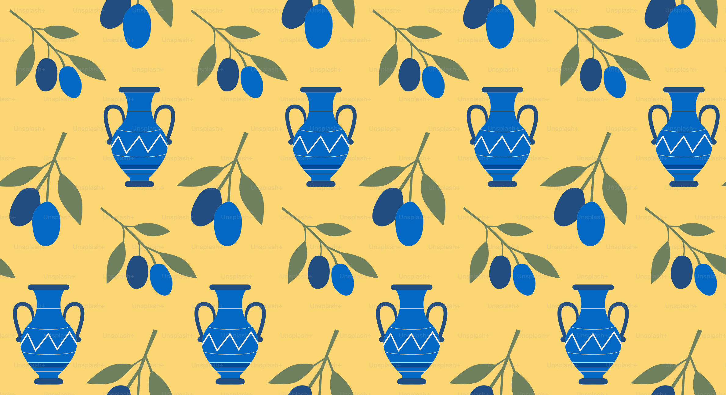 Repeating pattern of blue vases and olive branches.