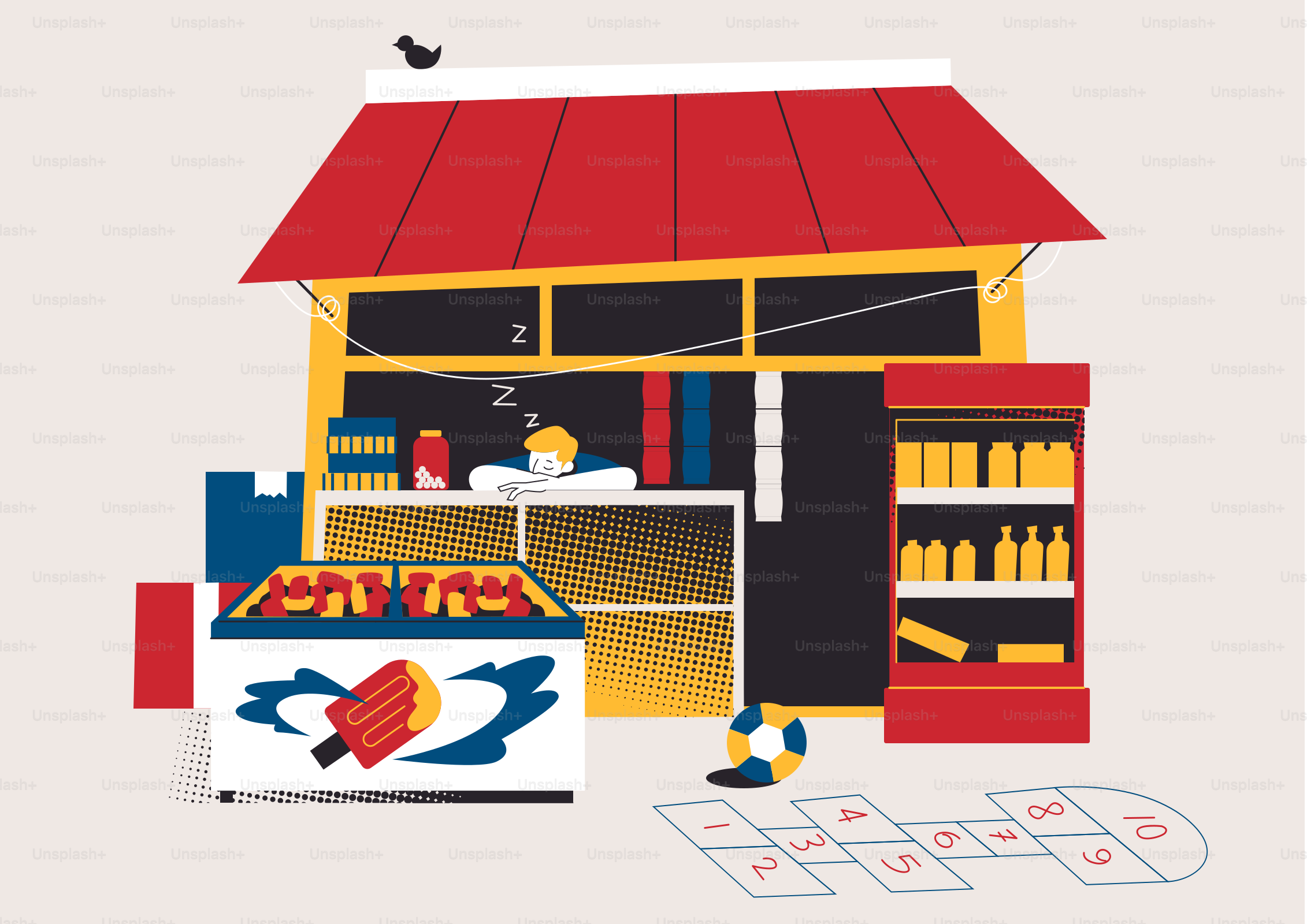 Kiosk mit schlafender Person, Eiscreme und Höllespiel.