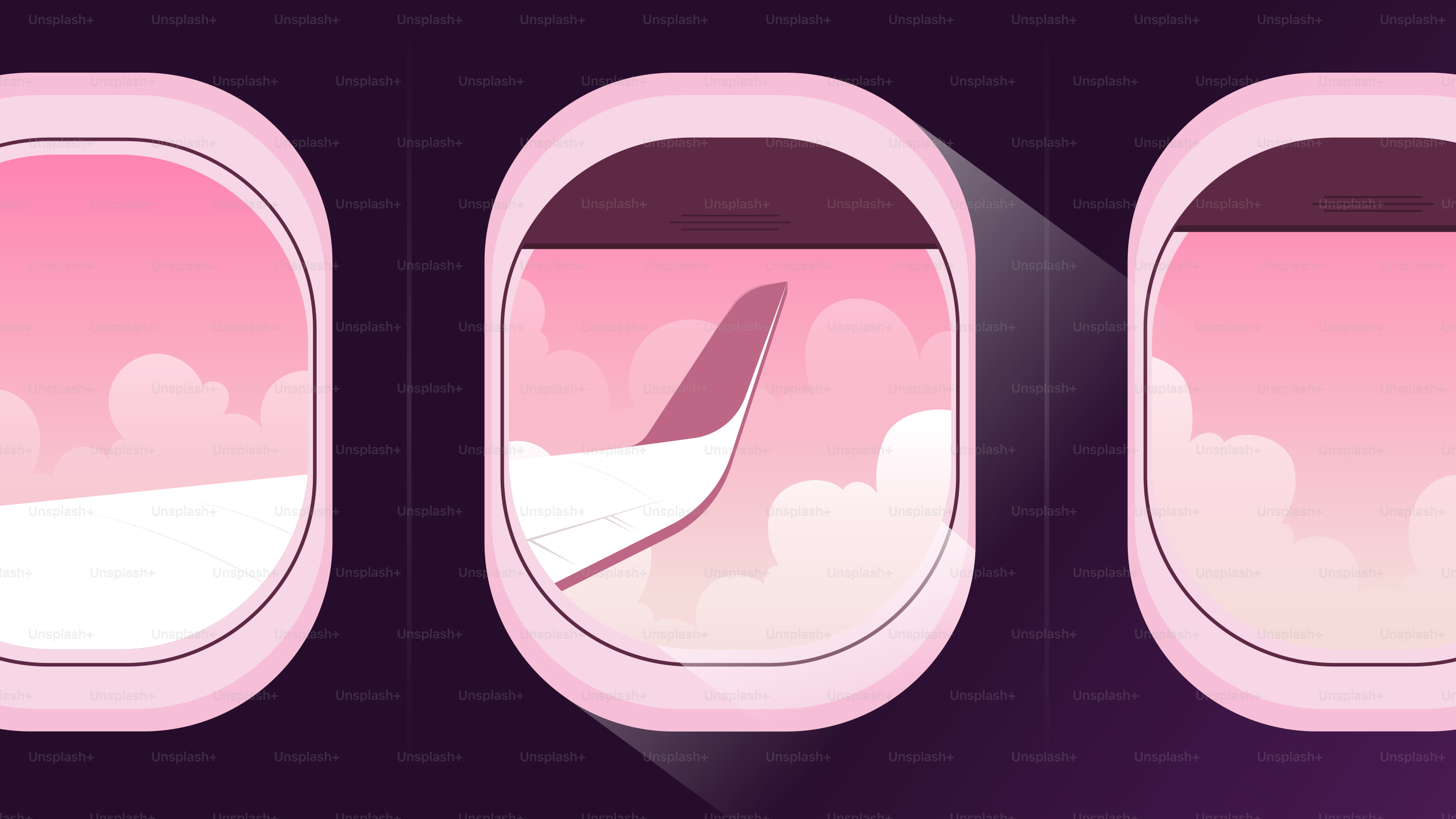 Finestrini dell'aereo con cielo rosa, nuvole e un'ala visibile.