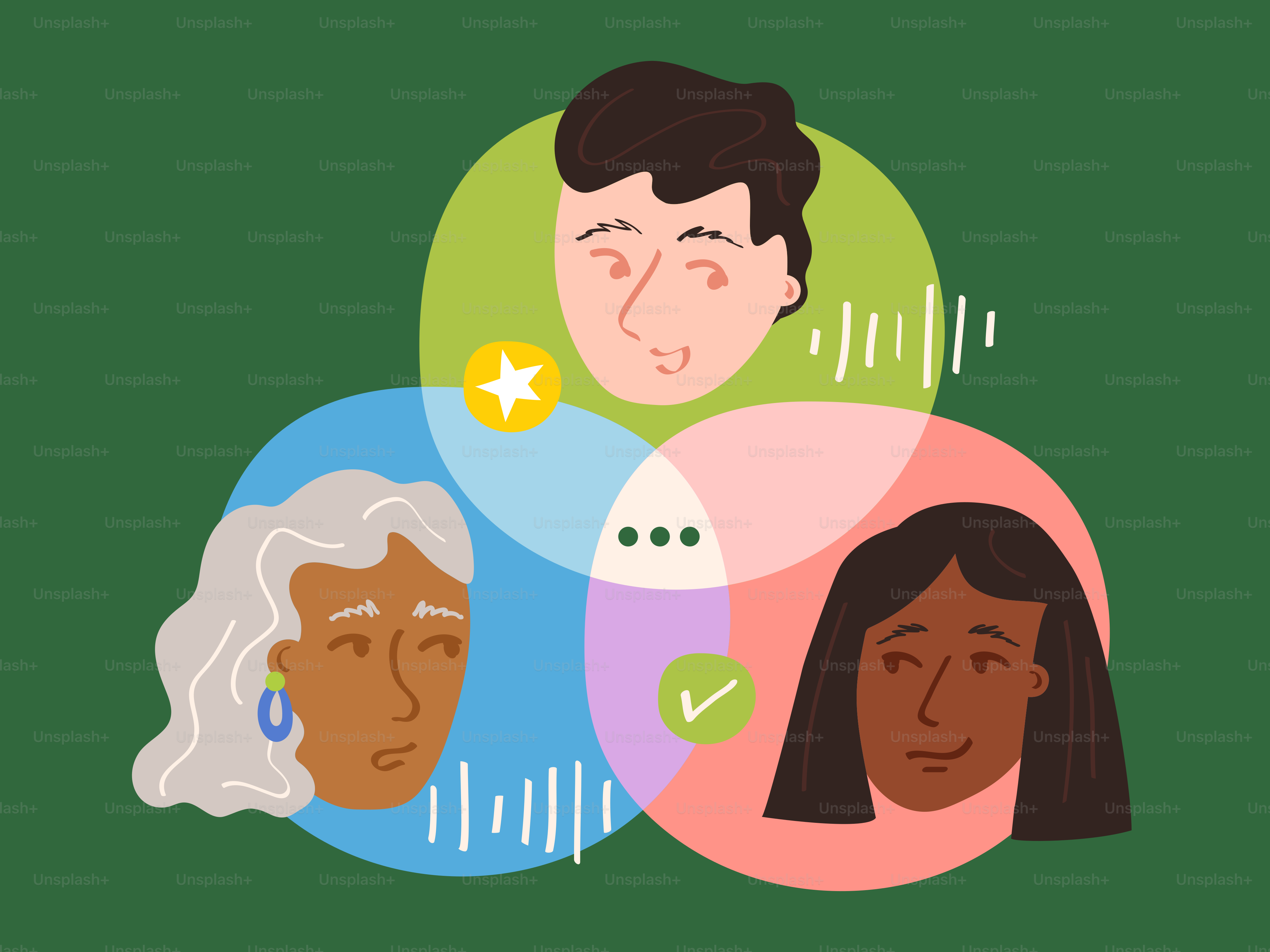 Three diverse faces in colorful overlapping circles with symbols.