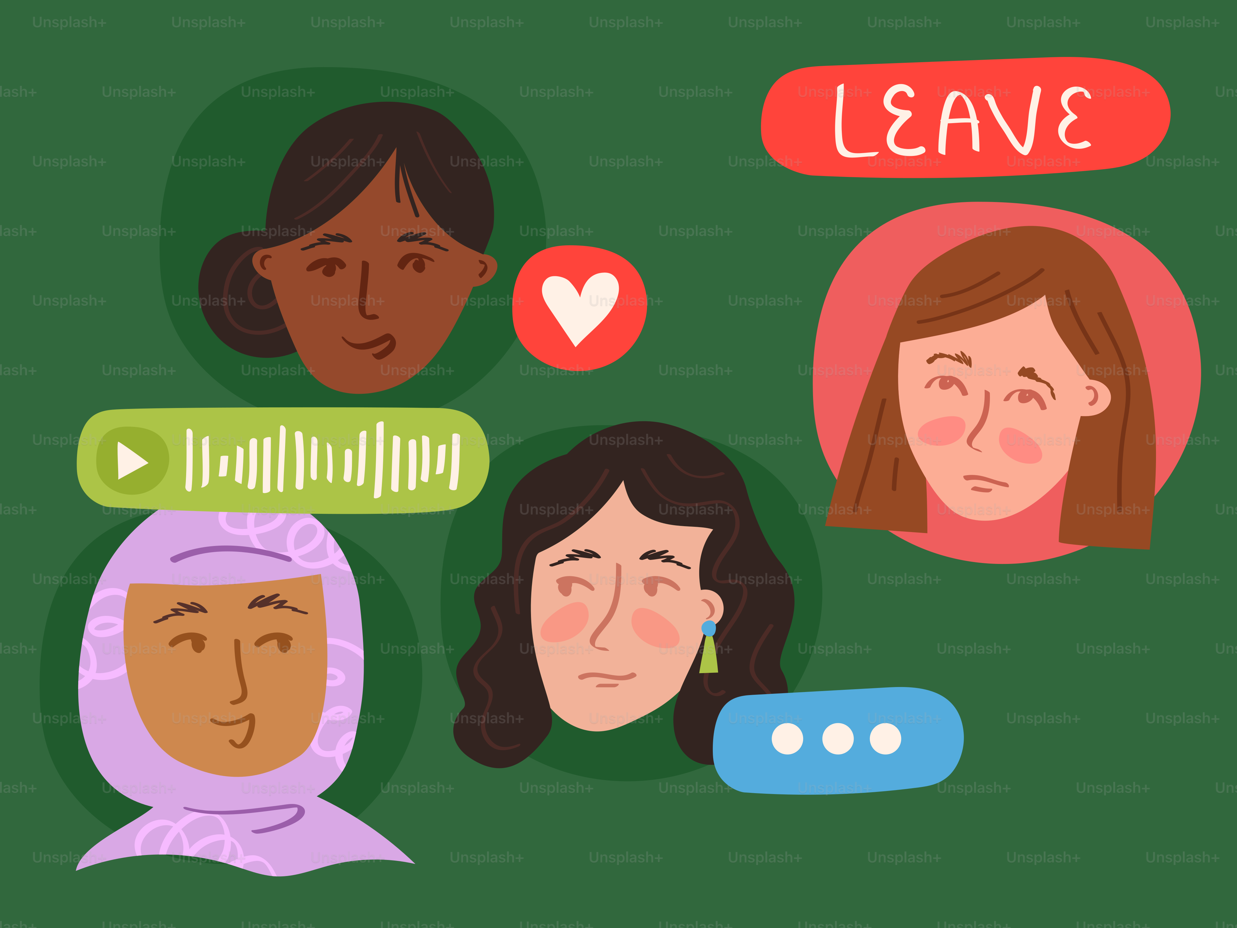 Diverse women's heads with chat icons and a 'leave' button.