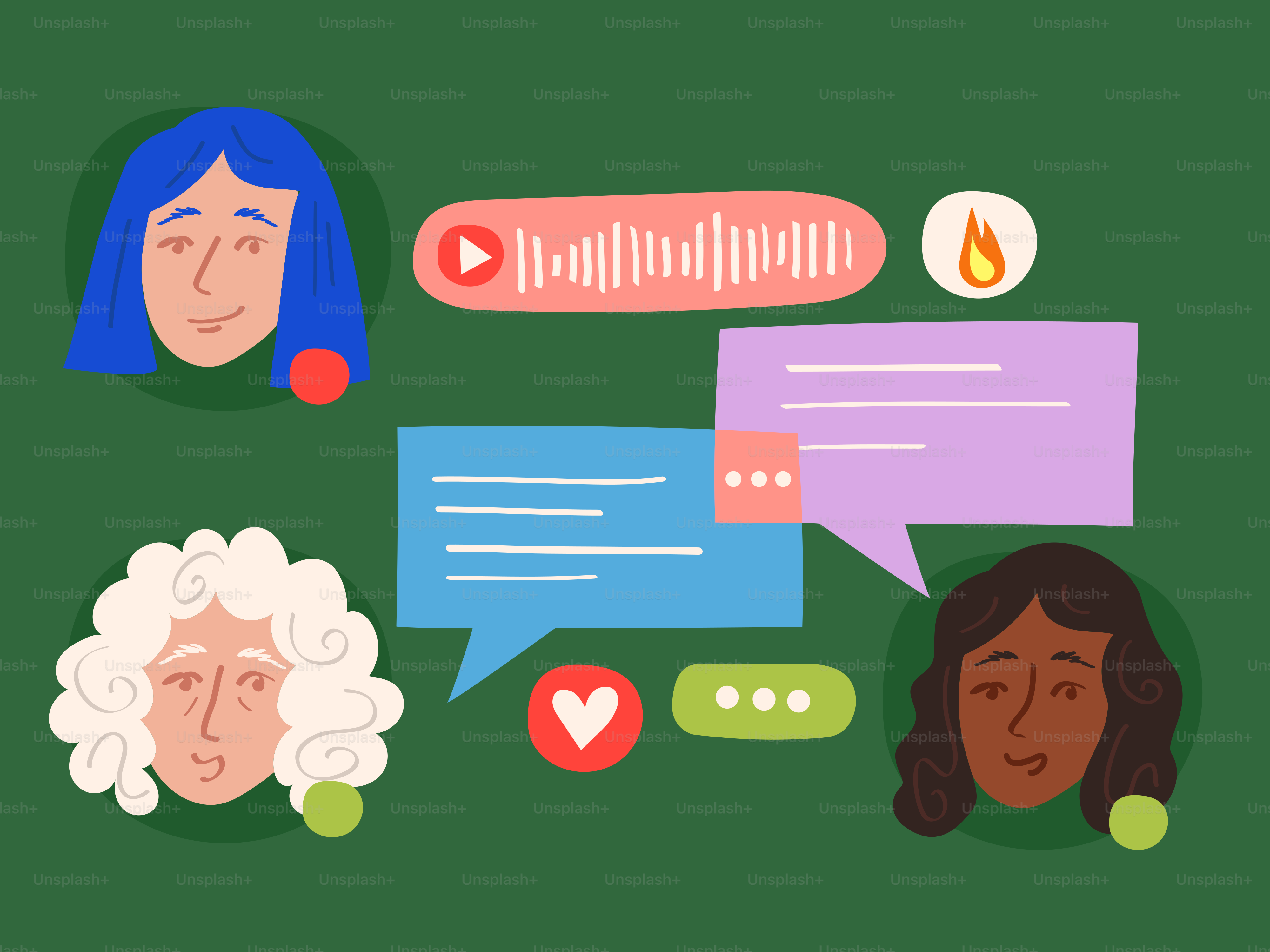 Three diverse people communicating with chat bubbles and audio messages.