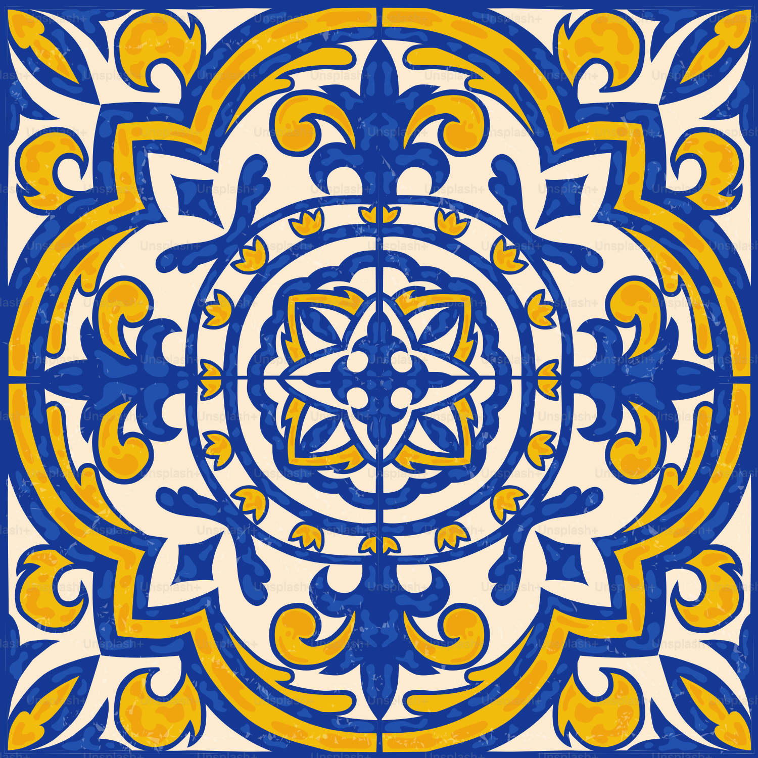 A square tile with intricate blue and yellow patterns.