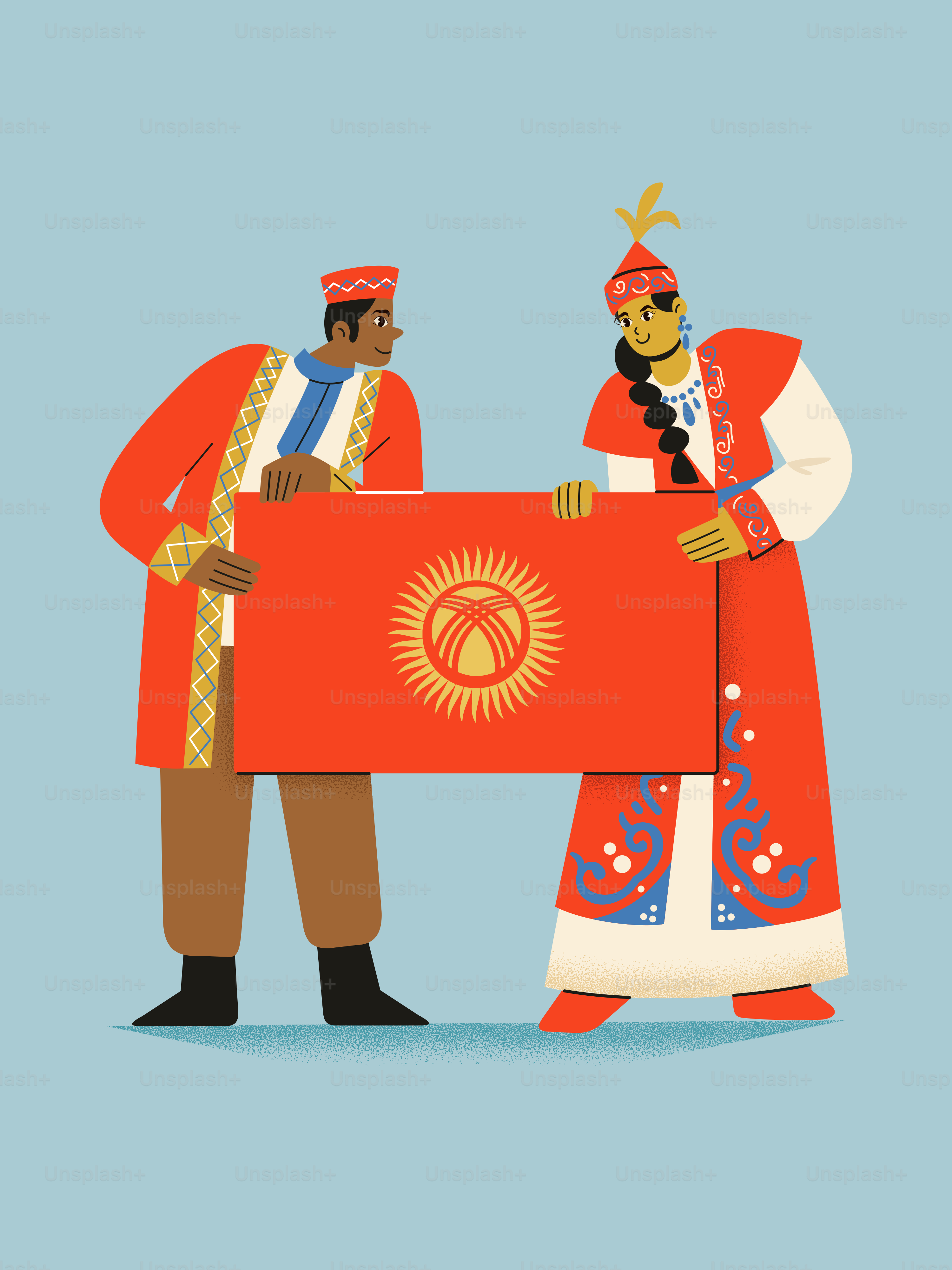 Dua orang berpakaian tradisional dengan bangga memegang bendera Kyrgyzstan.