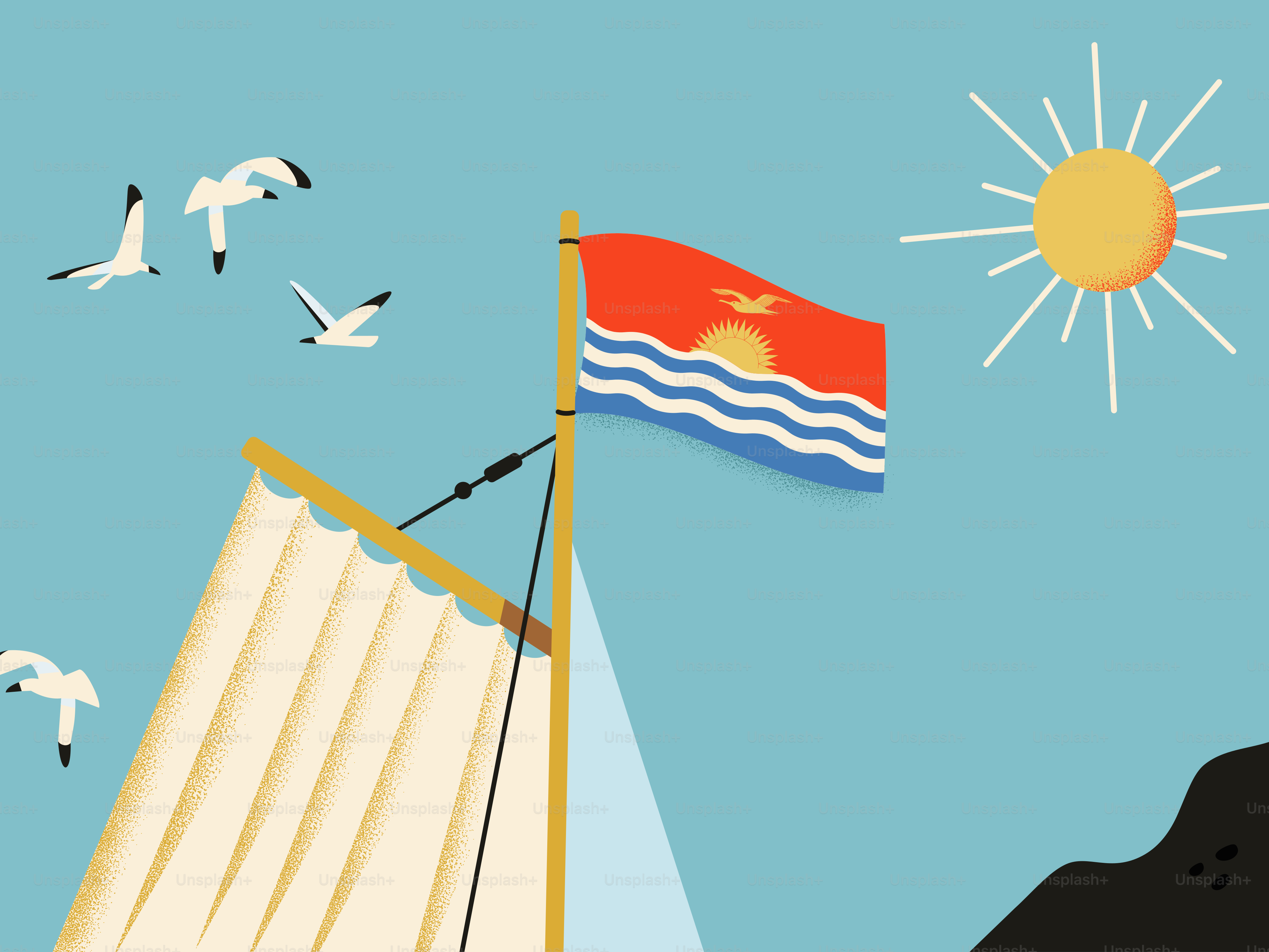 Kiribati flag flies on a sailboat with seagulls and sun.