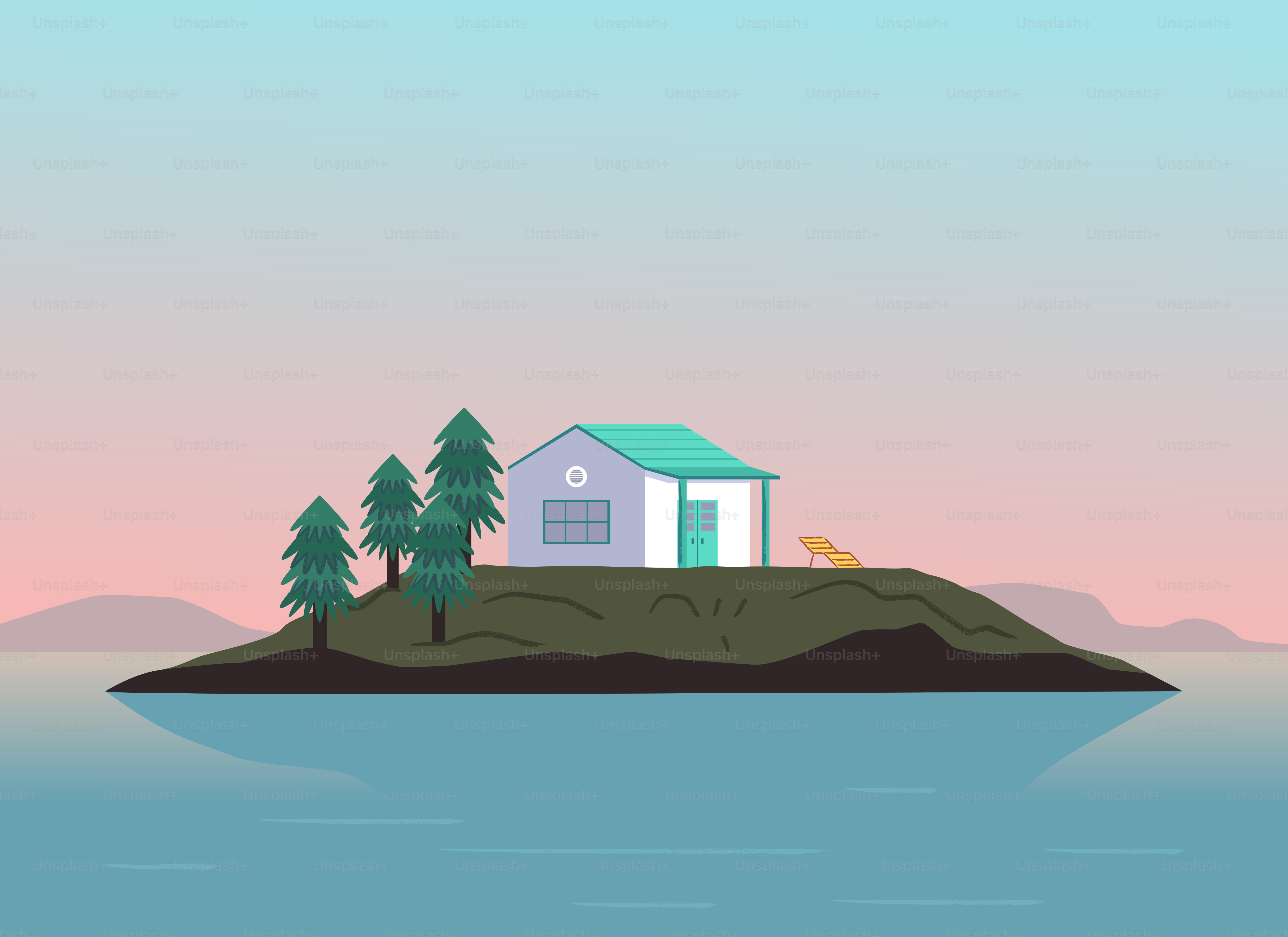 Isolated house and trees on a small island at sunset.