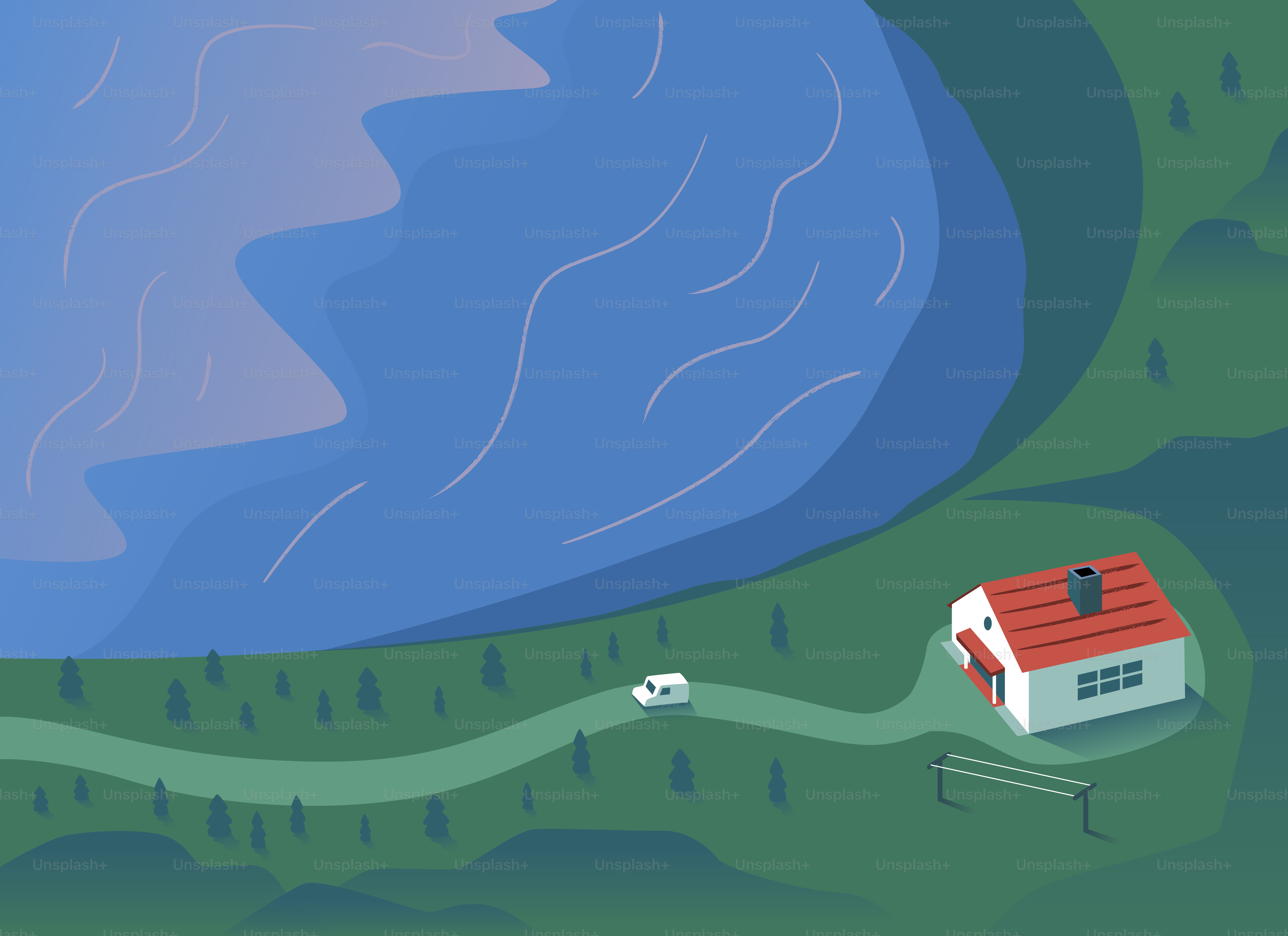 A house and car by a lake with green hills.