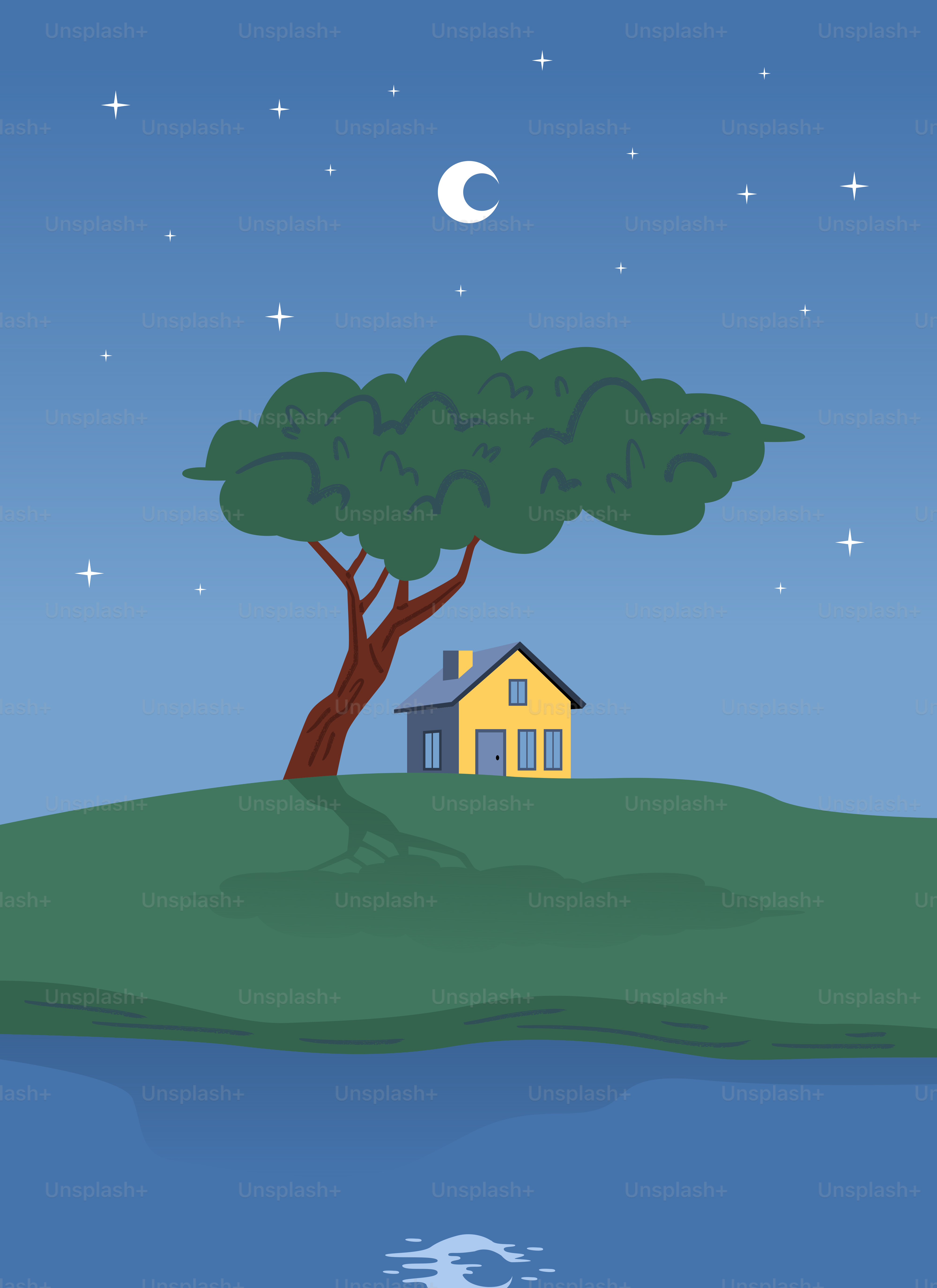 Yellow house under tree by water on a starry night.