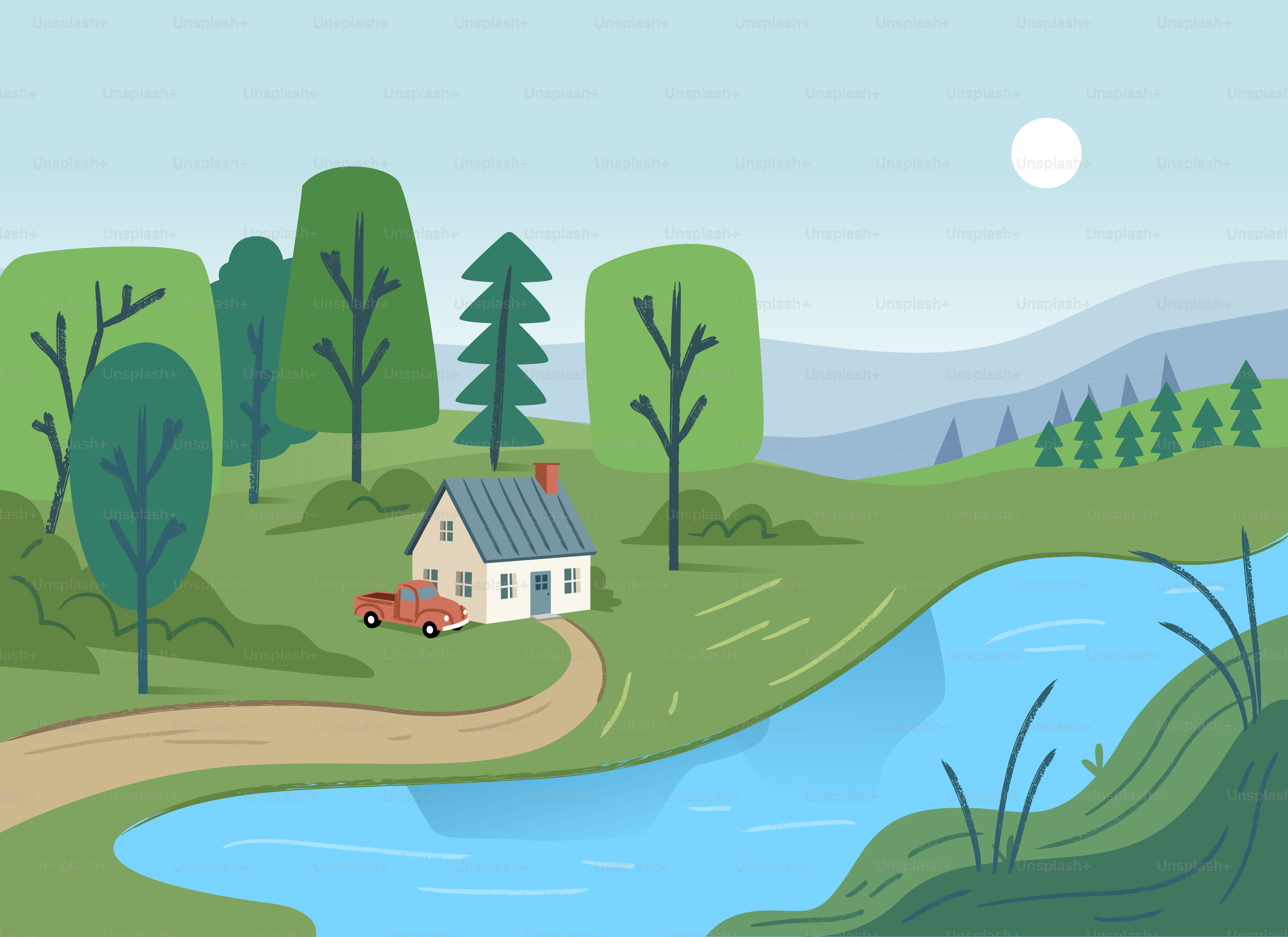 A charming house by a river with trees and mountains.