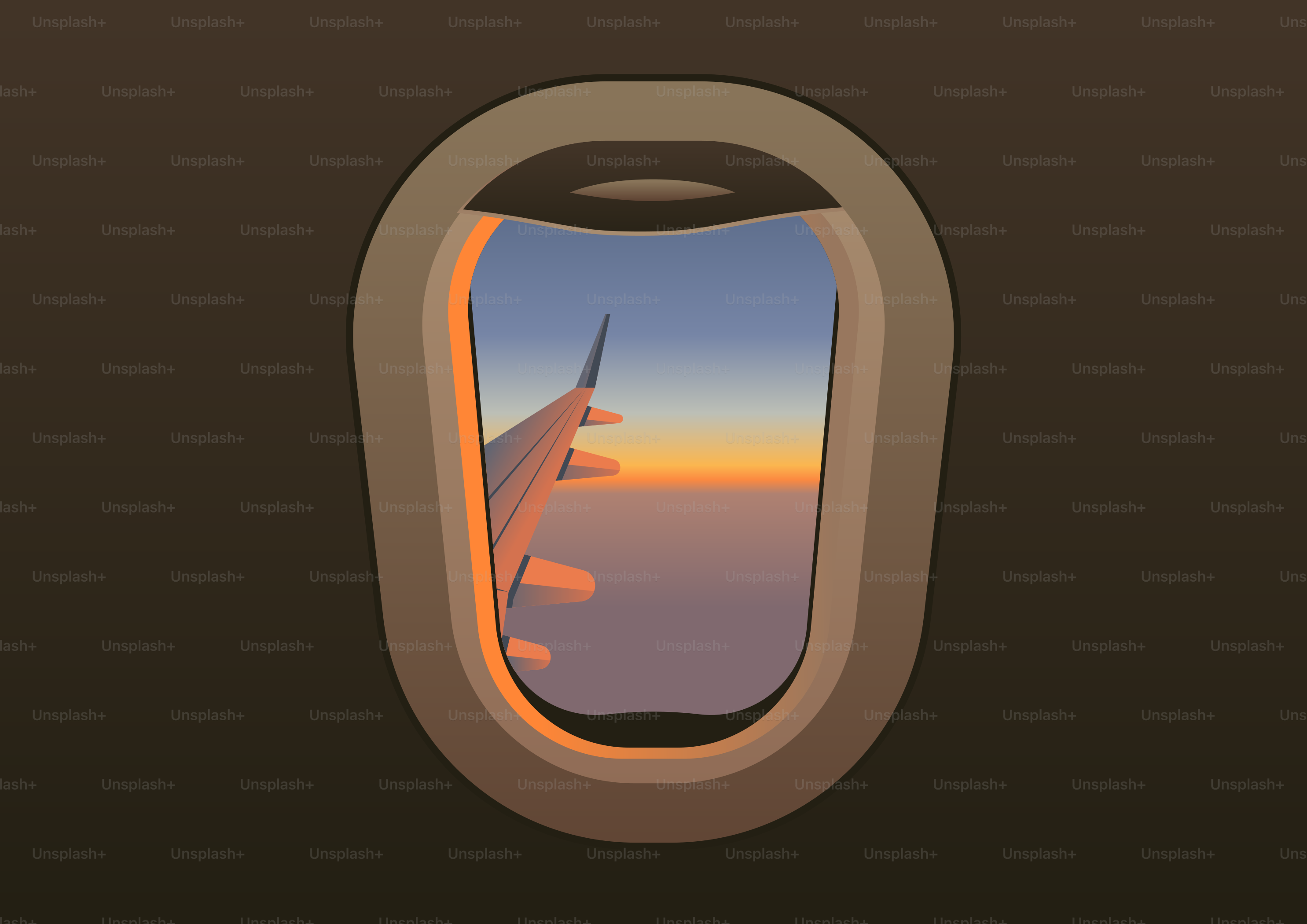 Vista al tramonto dal finestrino dell'aereo con l'ala sopra le nuvole.