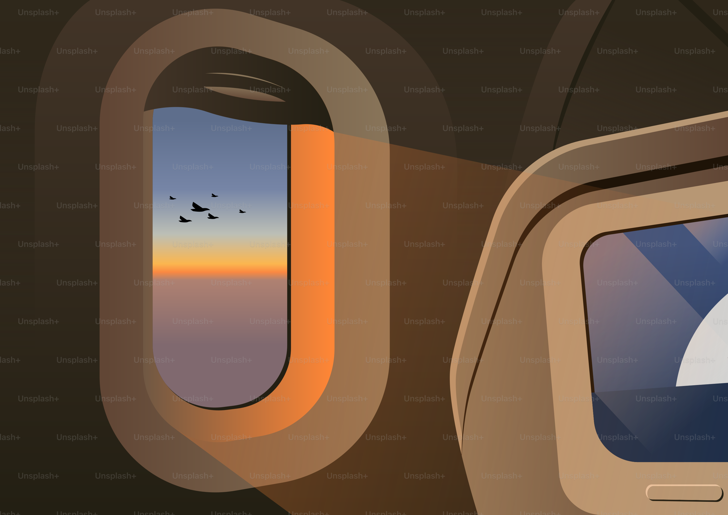 Pássaros voando pela janela de um avião ao pôr do sol.