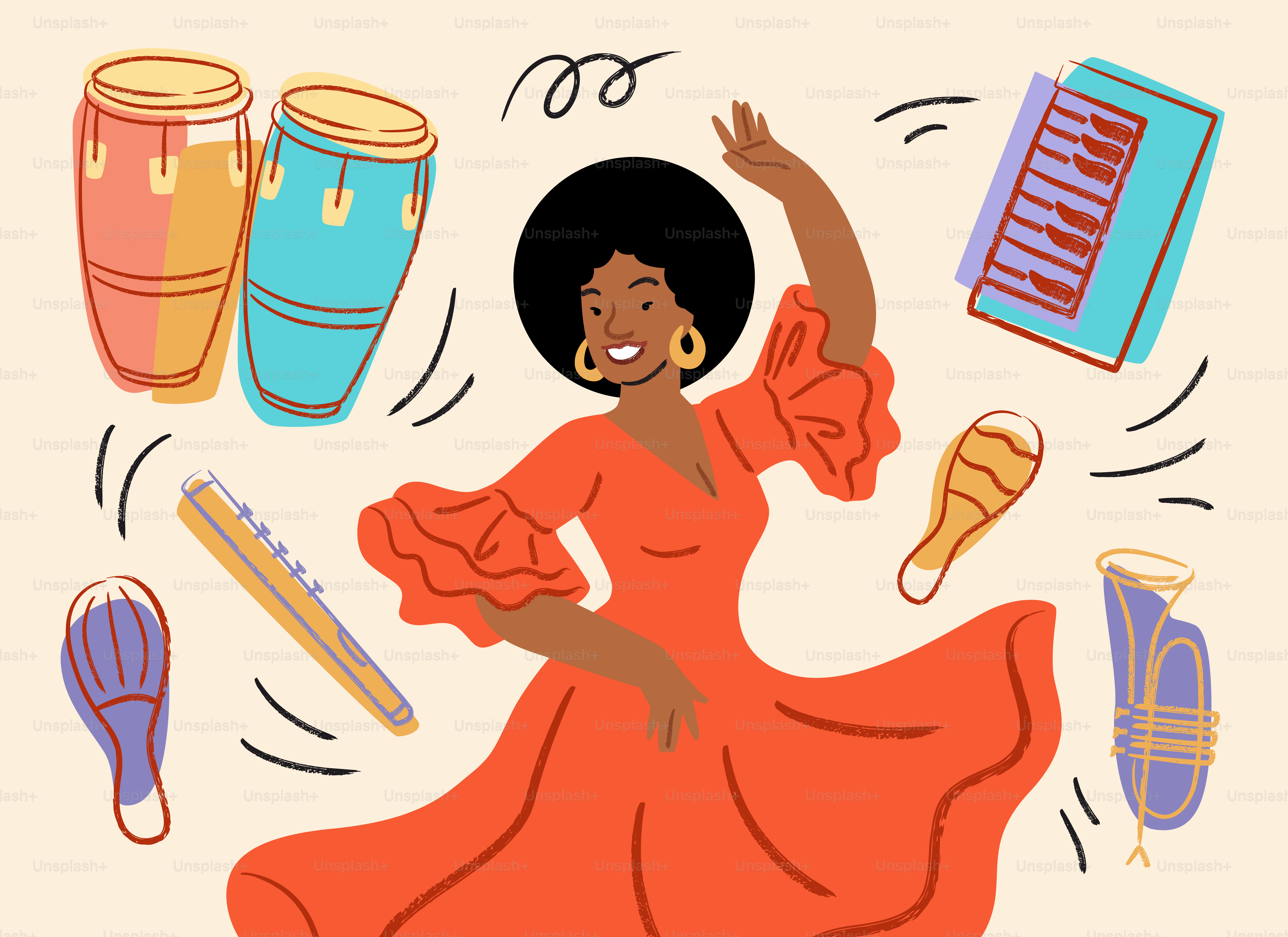 Dancing woman in red dress with latin american musical instruments.