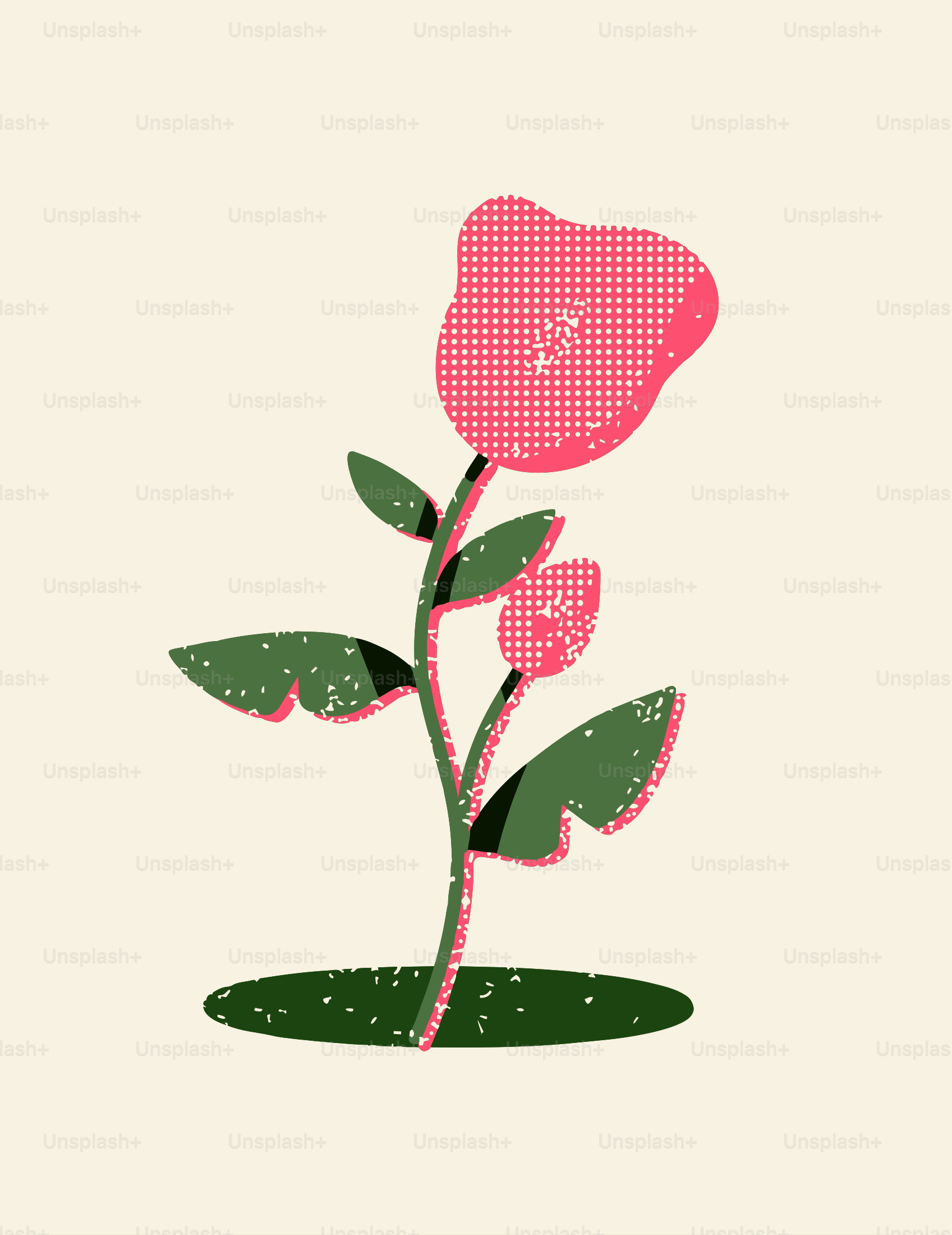 A stylized pink flower with green leaves.