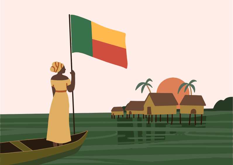 Woman in boat holds benin flag near stilt houses, sunset.
