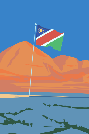 Namibian flag waving over desert mountains and water.