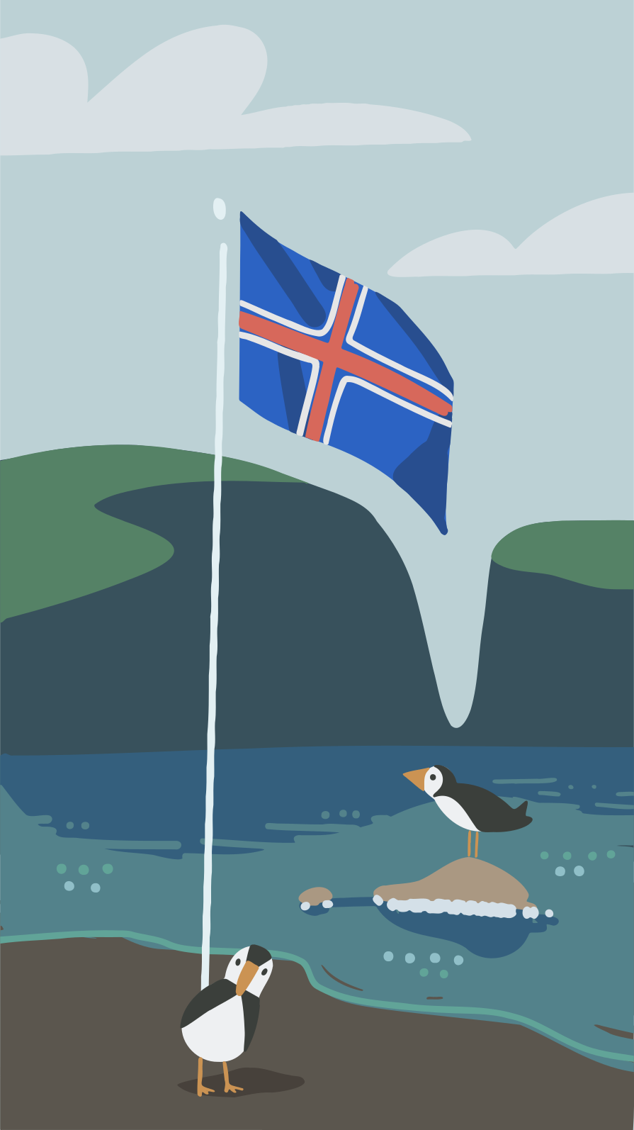 Icelandic flag flying over puffins on a shore.