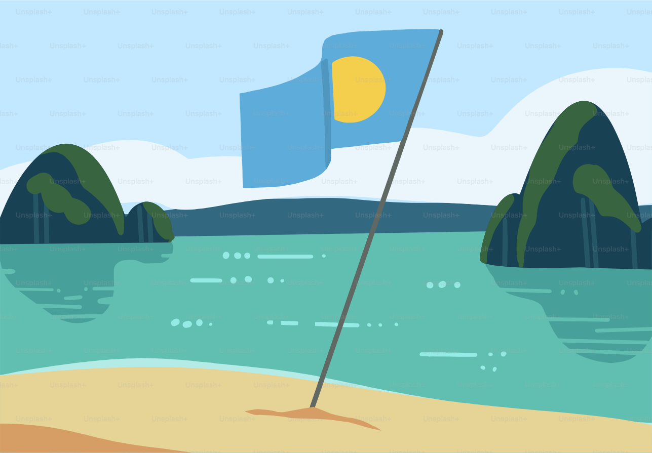 The flag of palau waves on a beach with islands.