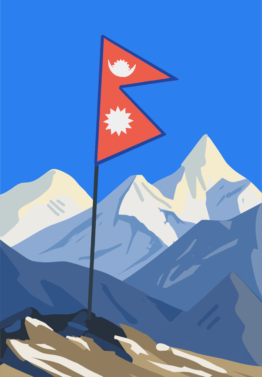 Nepal's flag flying over snow-capped mountains.