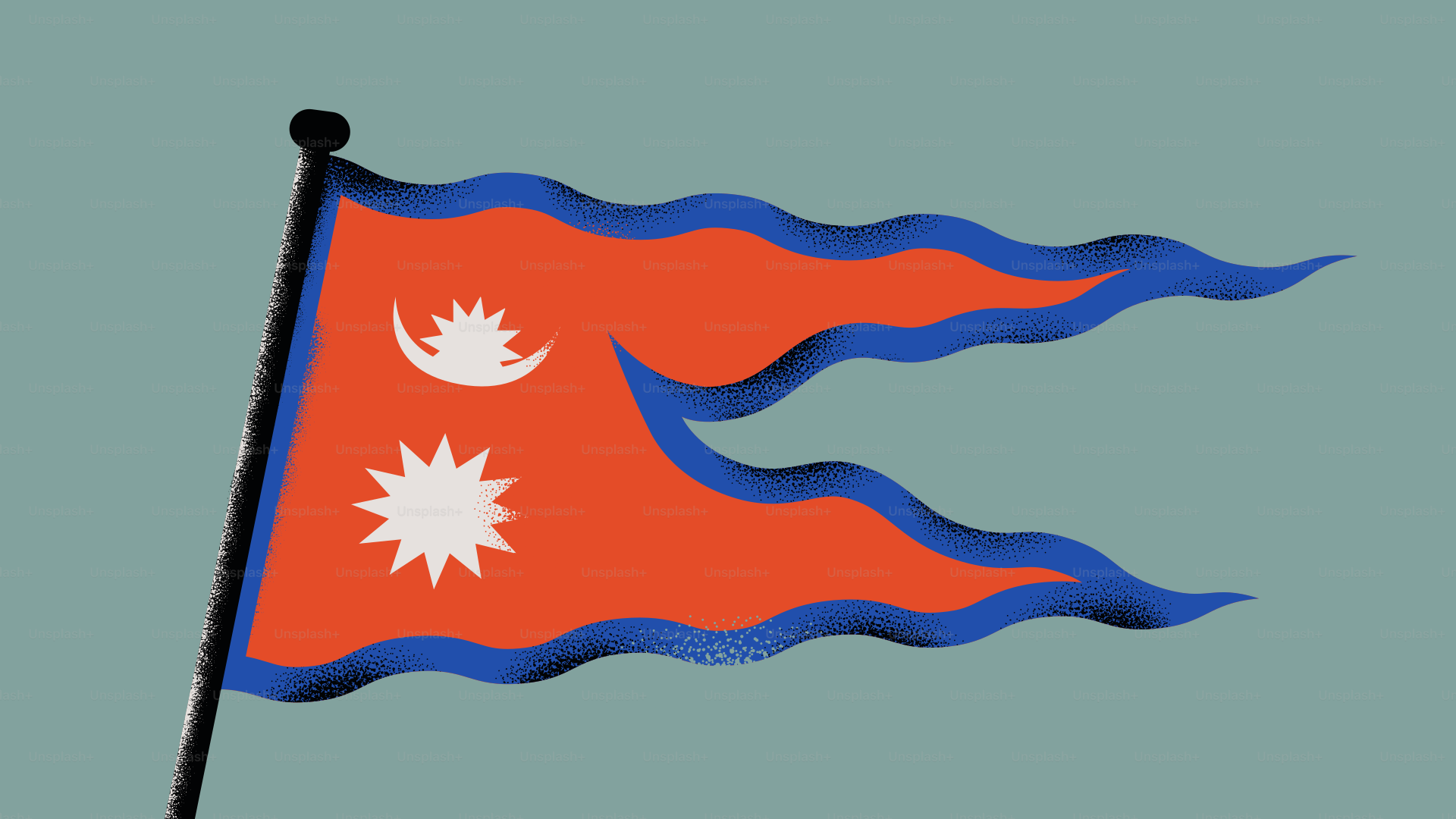 A bandeira nacional do Nepal com lua crescente e sol.