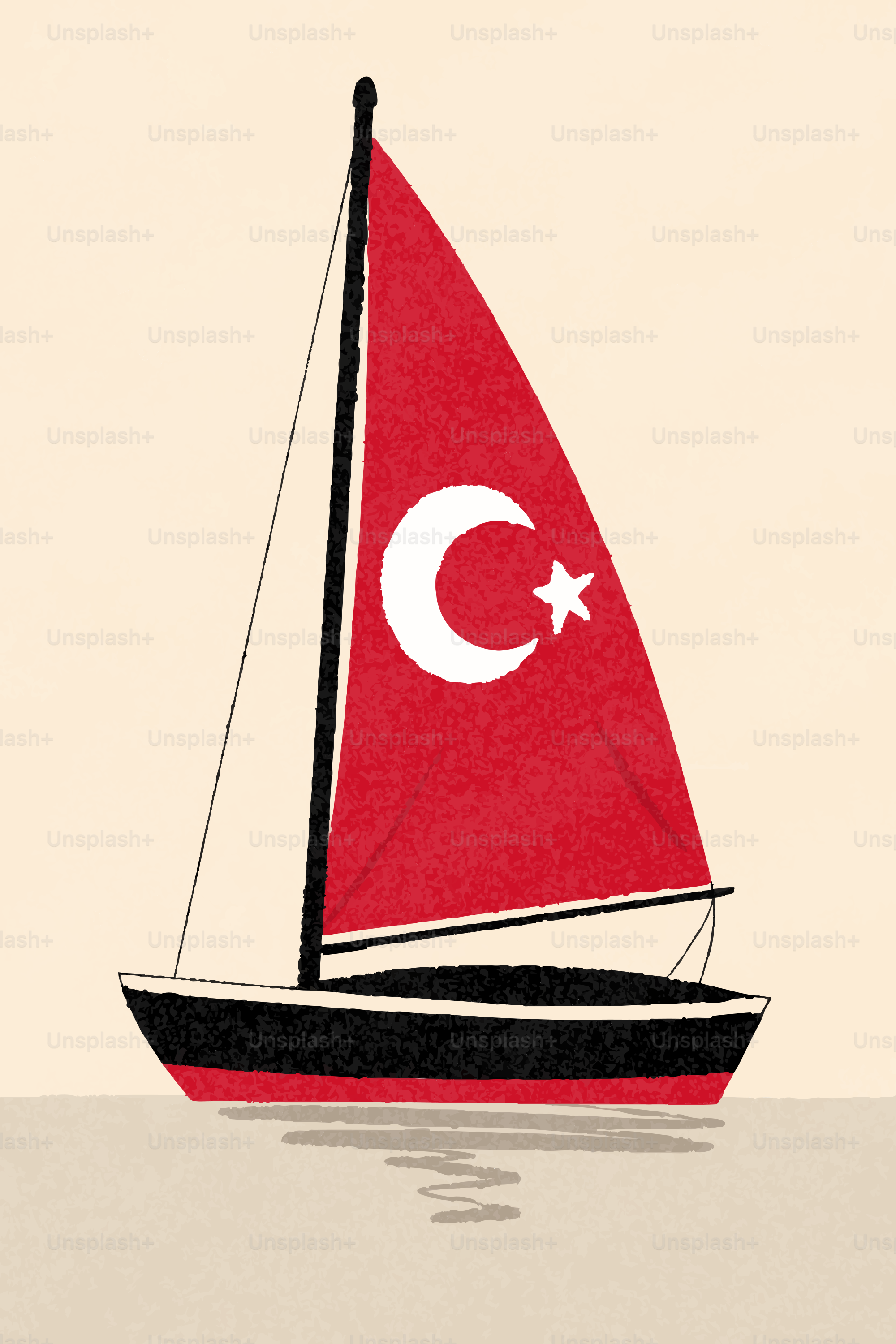 Sebuah perahu layar dengan layar merah yang menampilkan bendera Turki.