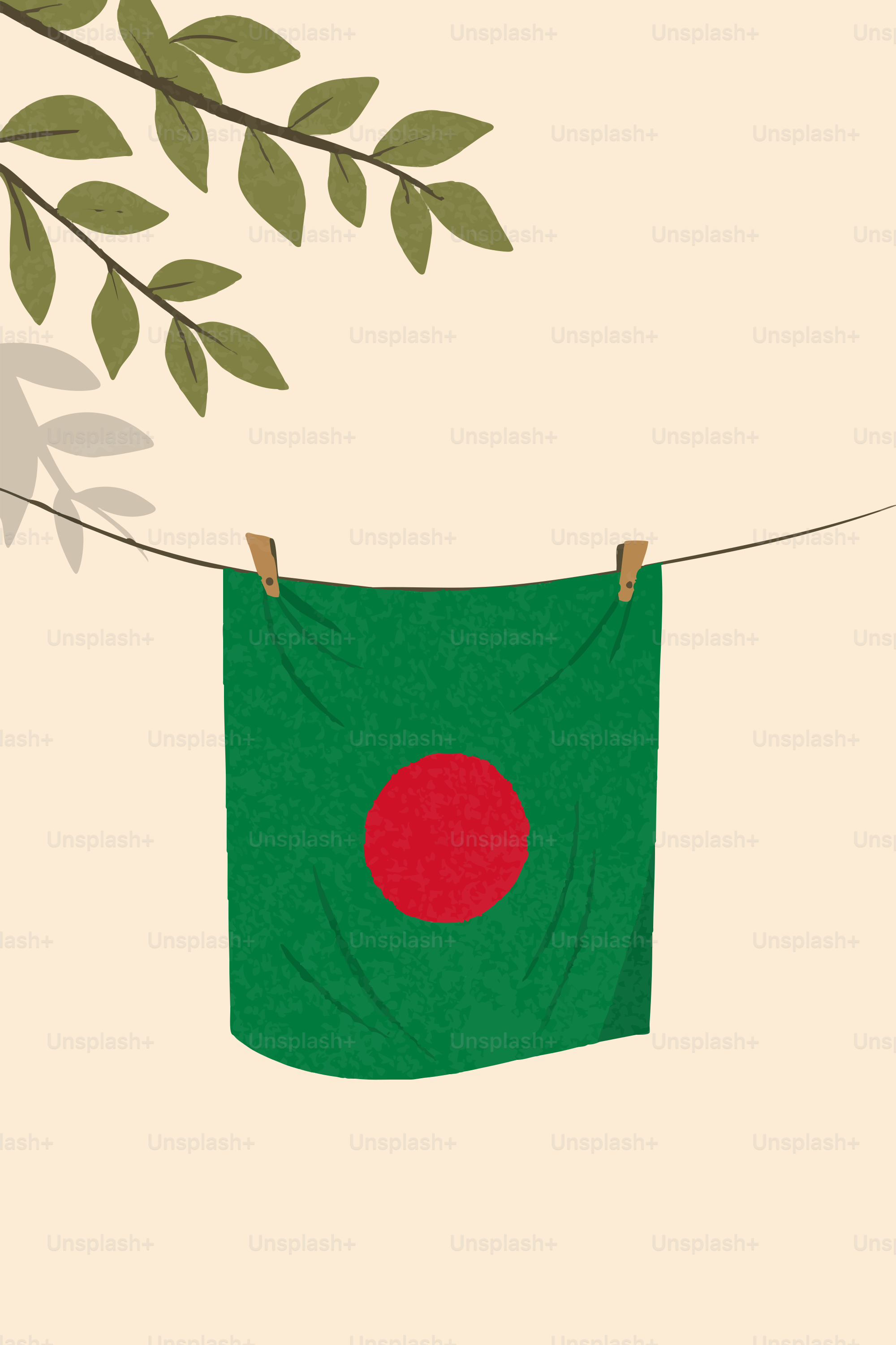Bendera Bangladesh tergantung di jemuran dengan daun hijau di atasnya.
