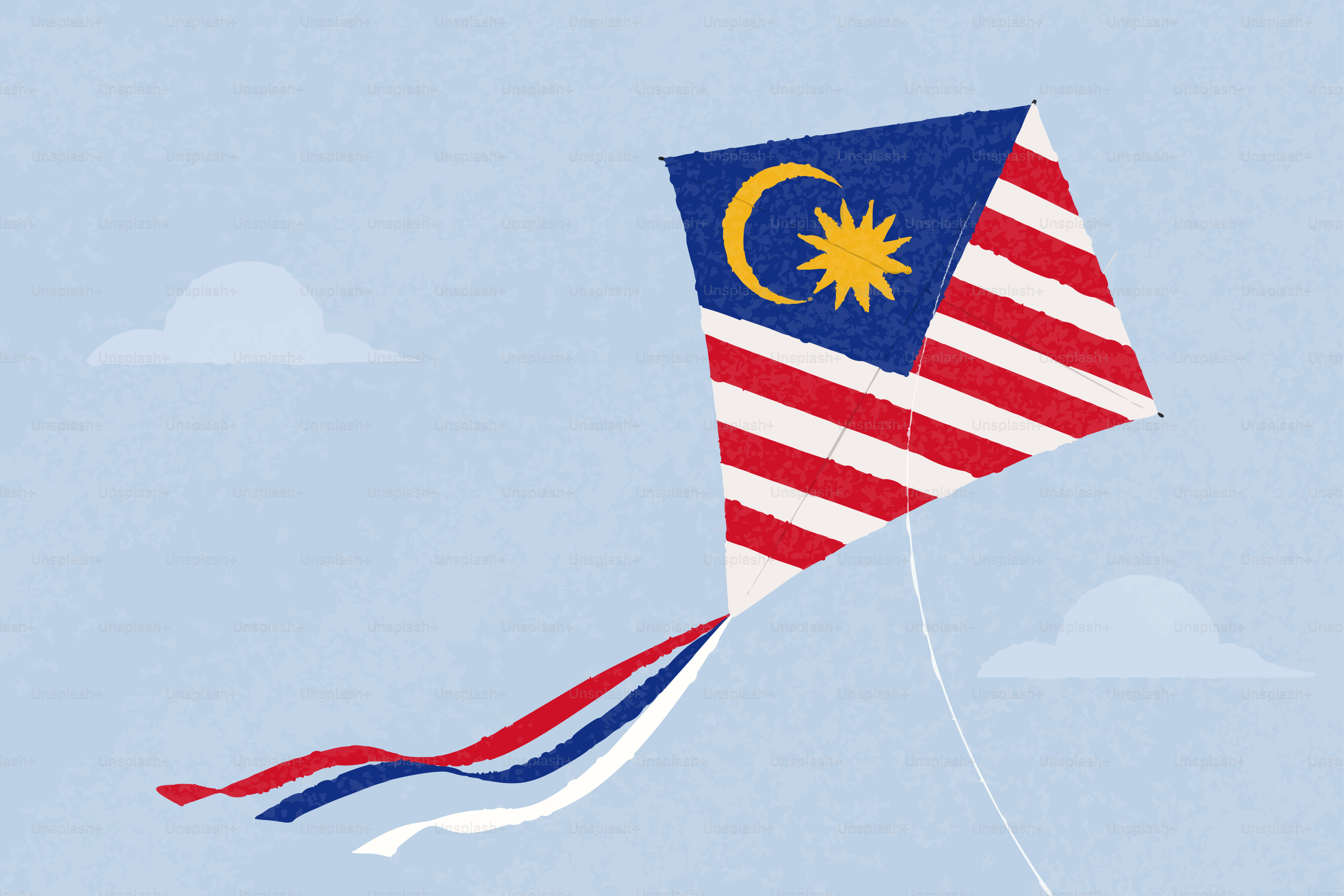 Layang-layang bendera Malaysia berkibar di langit biru.