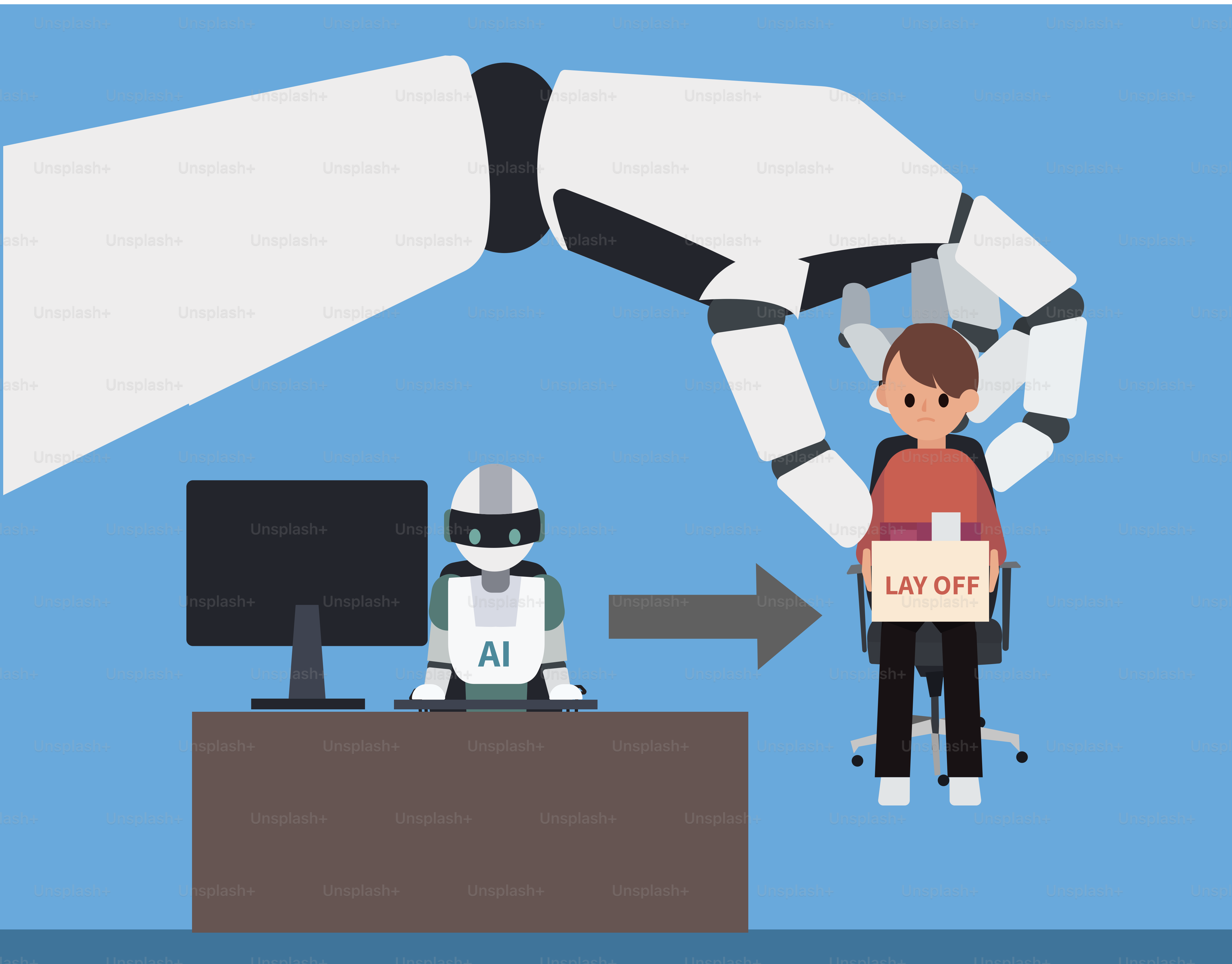 Robot hand lays off person as ai takes desk job.