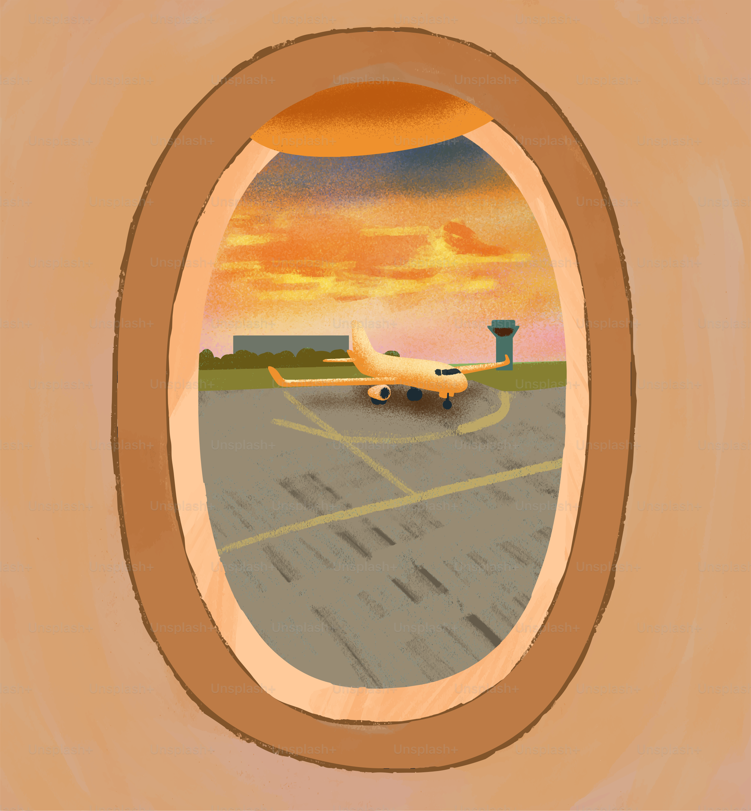 Airplane on tarmac viewed from window at sunset.