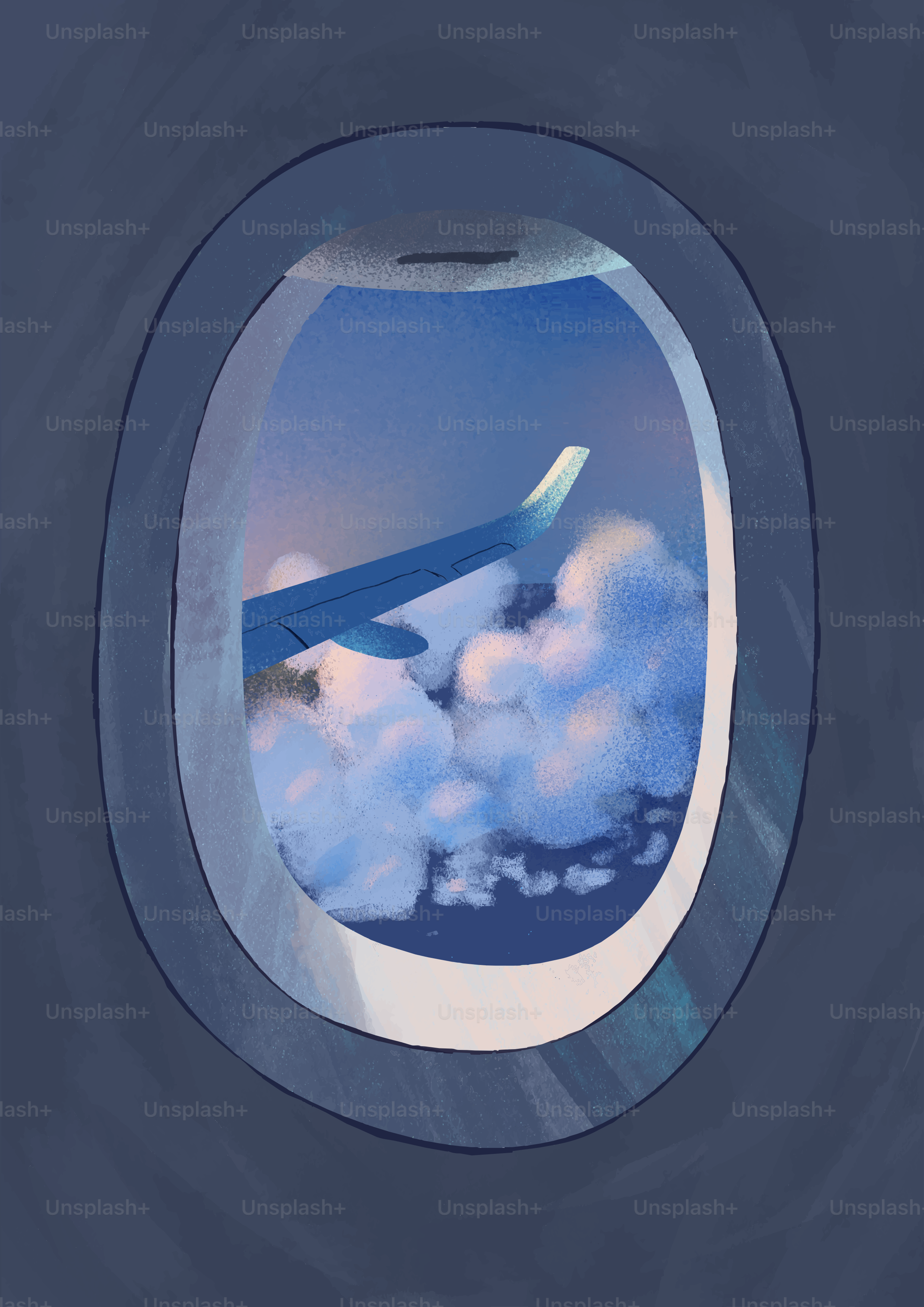 Airplane wing and clouds viewed from a window.