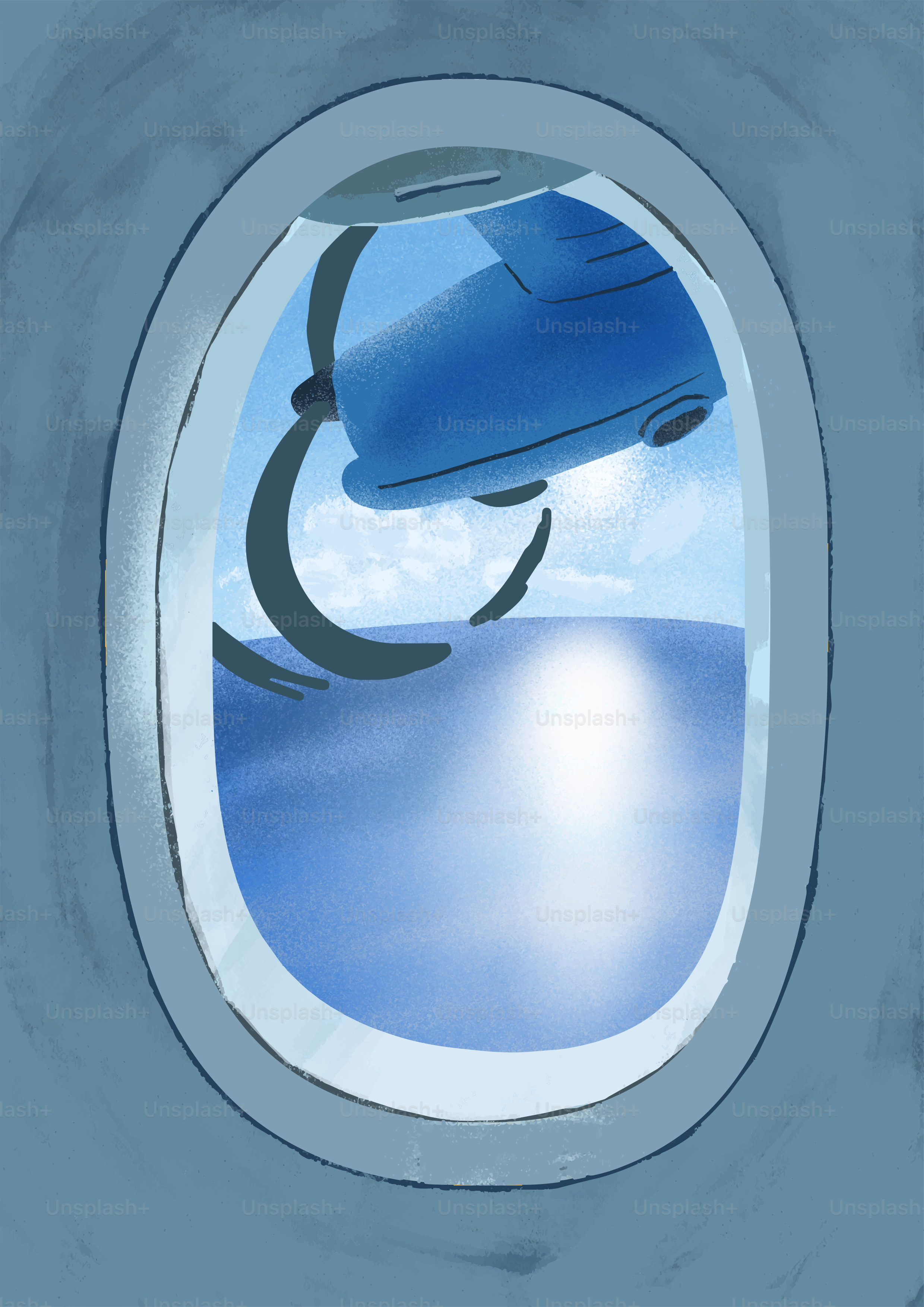 View from airplane window over sunny blue ocean with propeller.