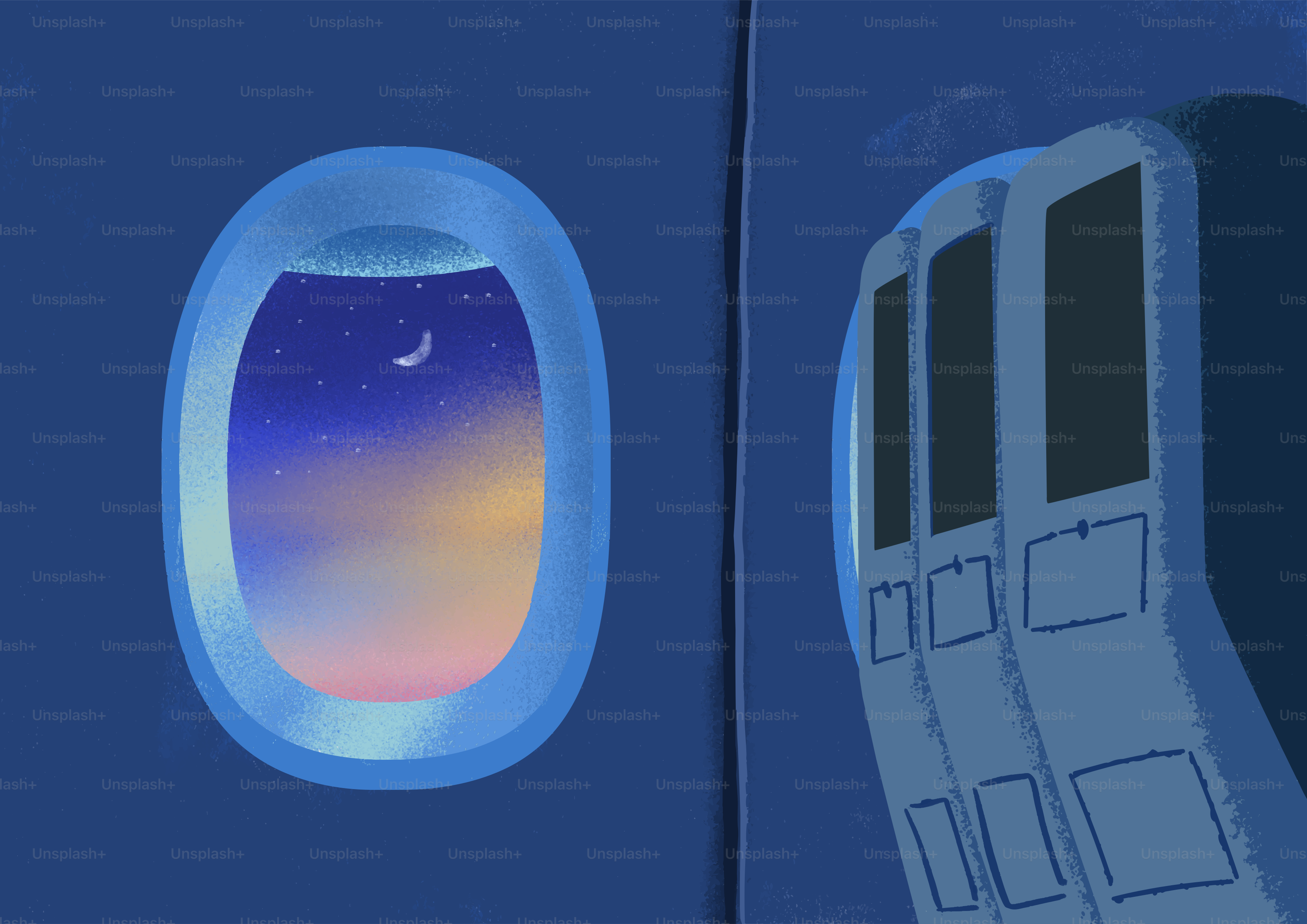 Crescent moon and colorful night sky from an airplane window.