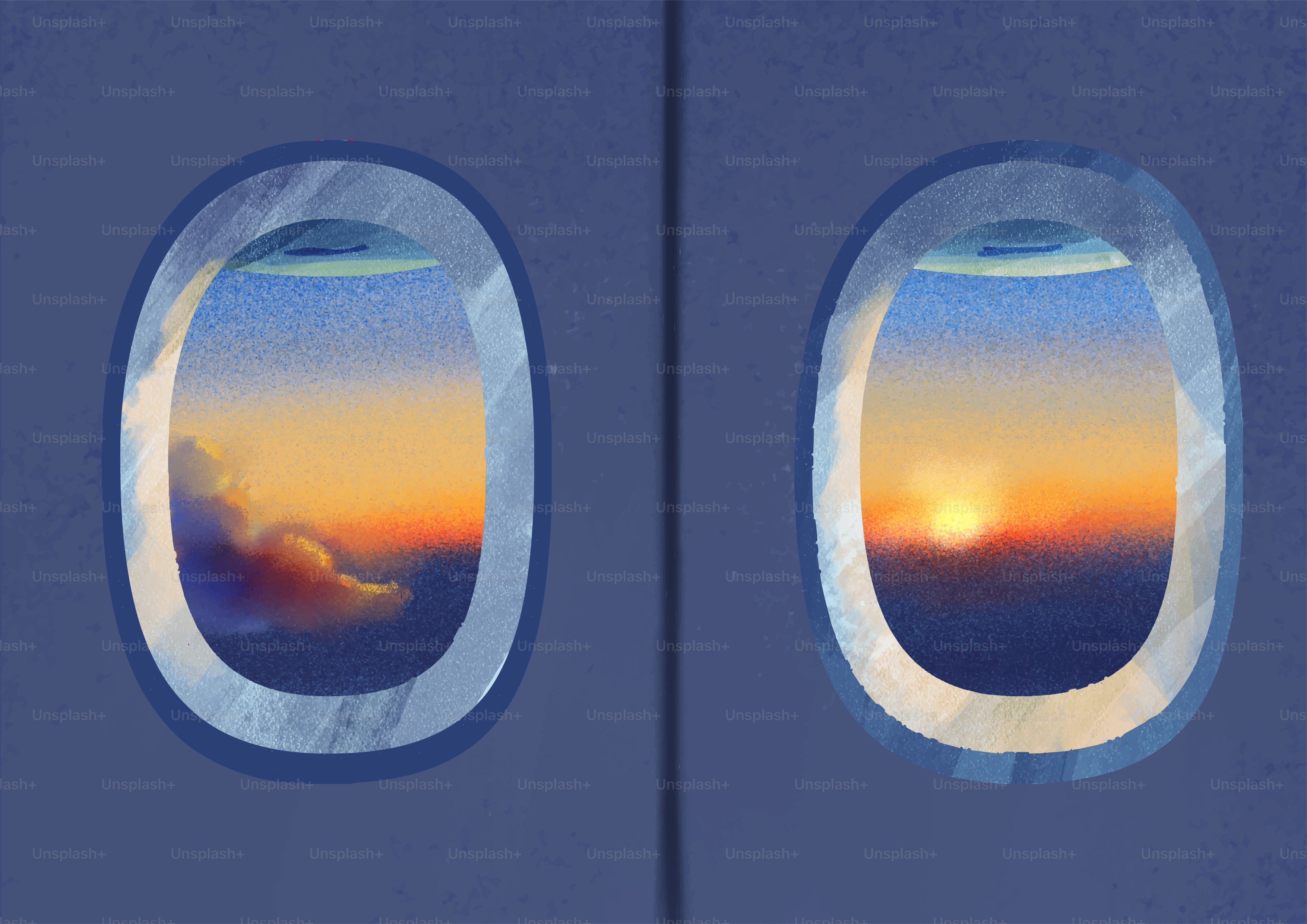 Two airplane windows showing a beautiful sunset over clouds.