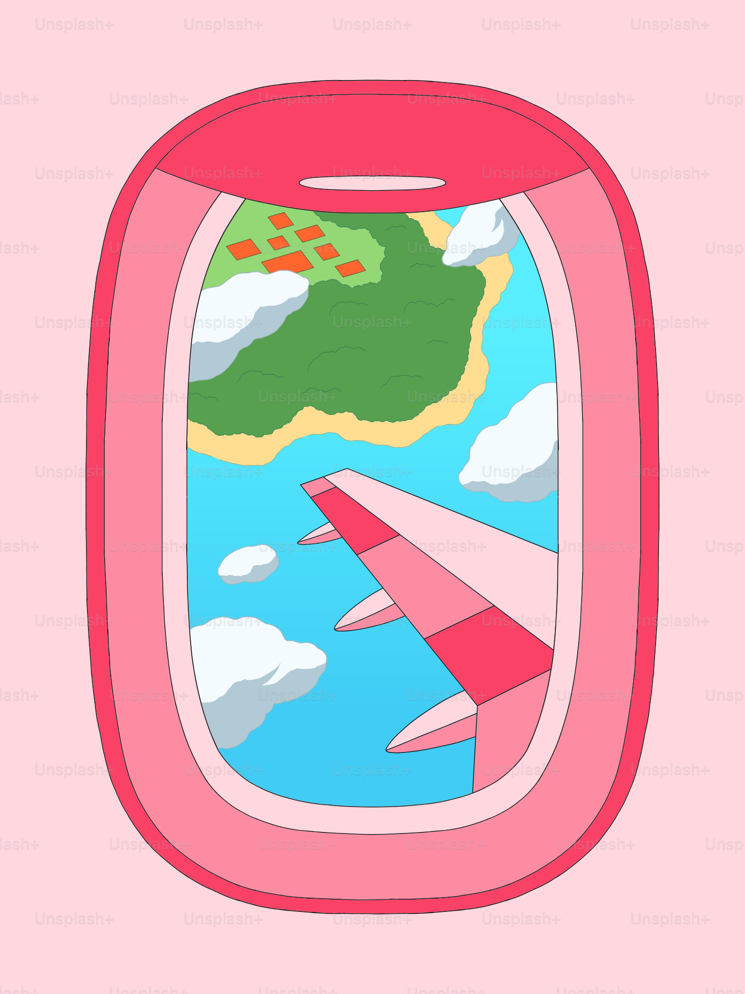 Pink airplane window view of island, clouds, and wing.