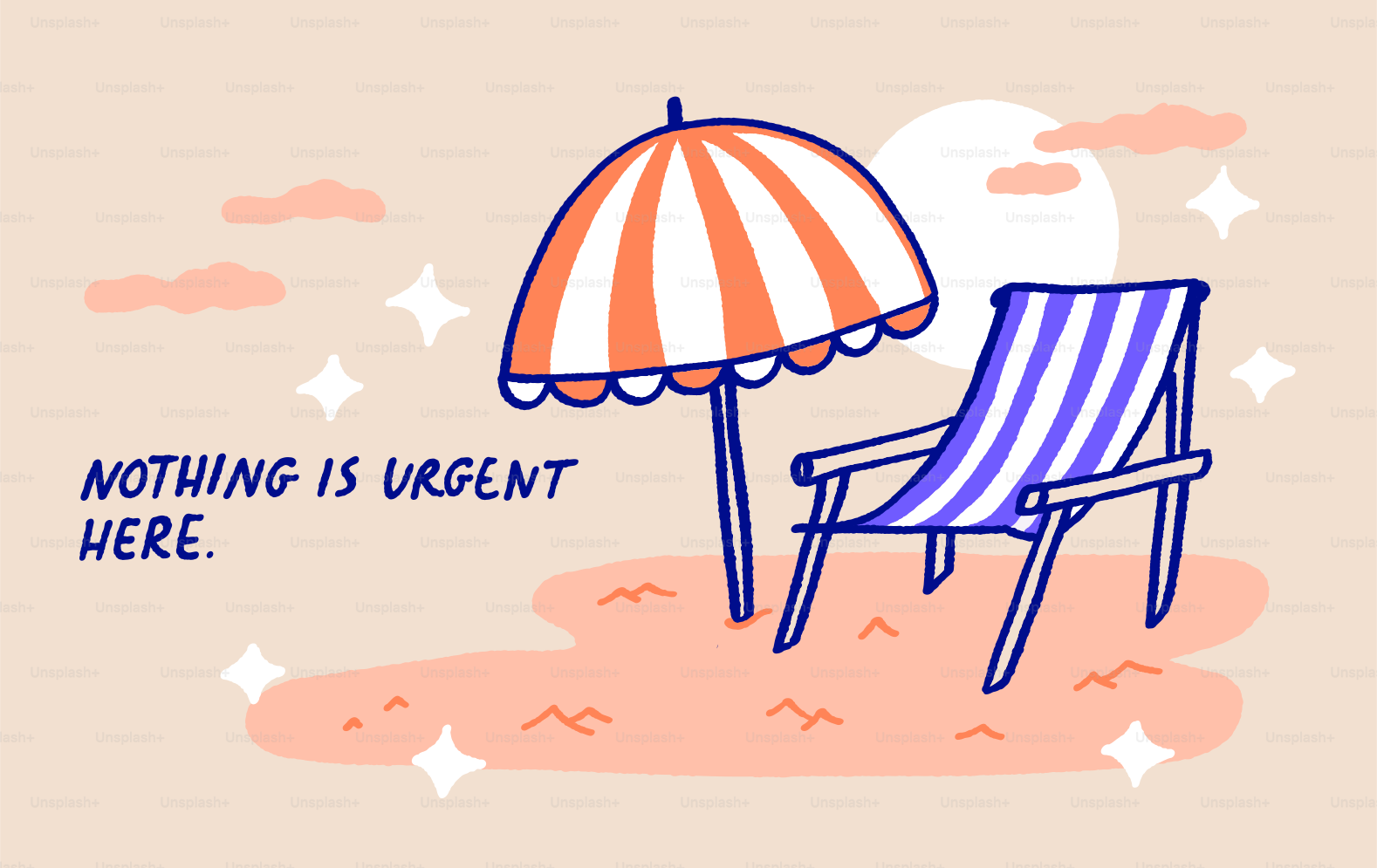 Cartoon beach with striped umbrella, lounge chair, and relaxing text.