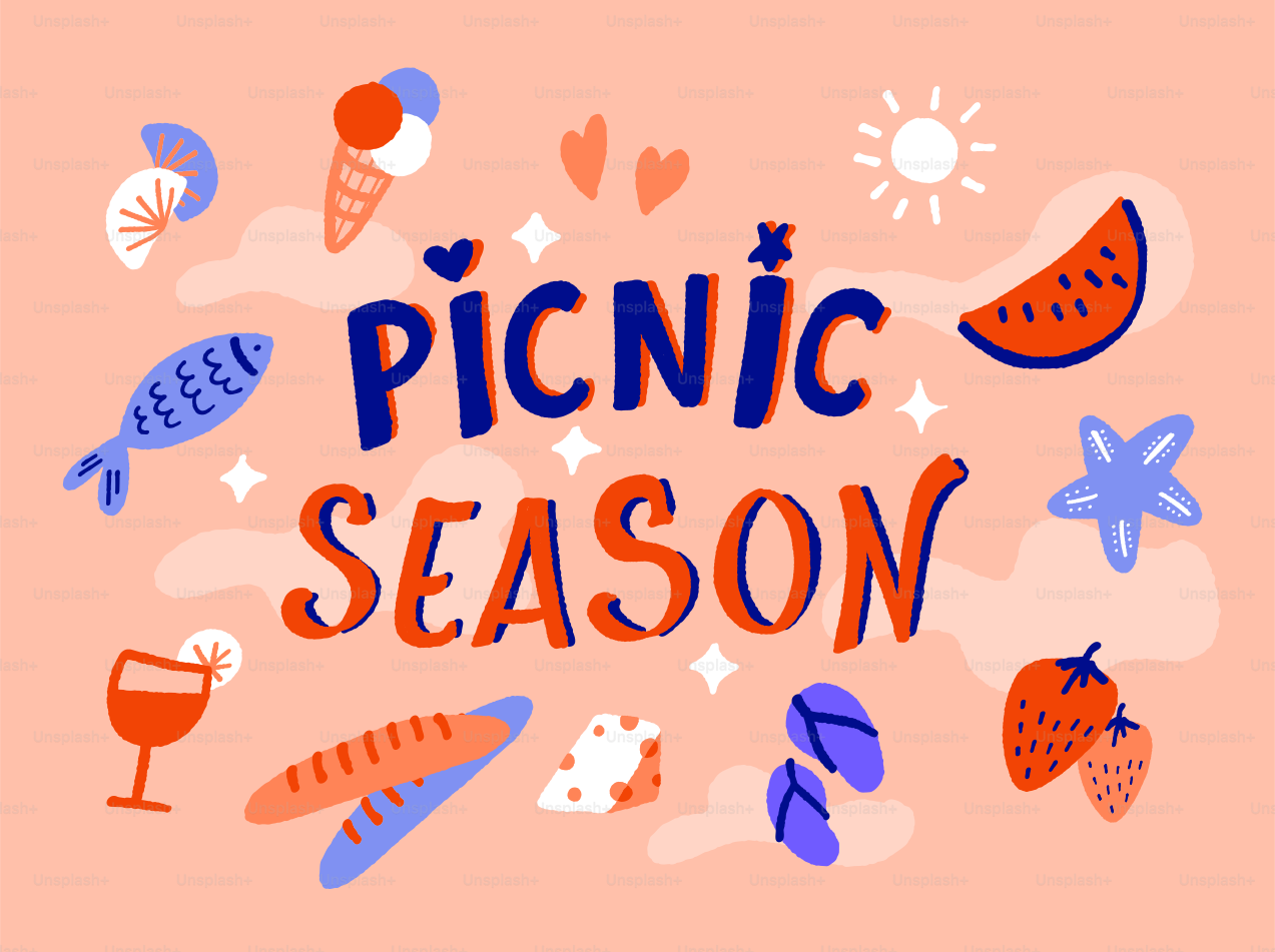 Picnic season text surrounded by summer food and activity icons