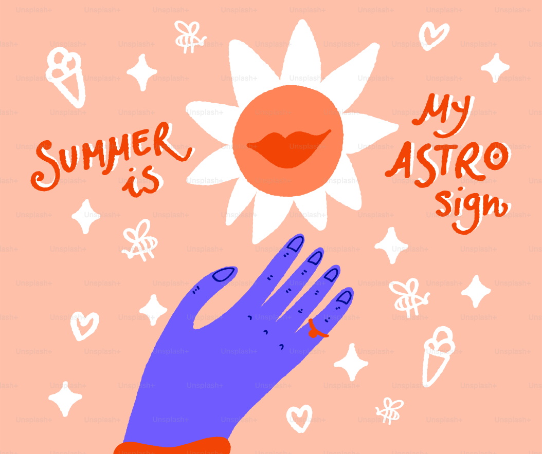 Purple hand reaching towards a sun with lips and text