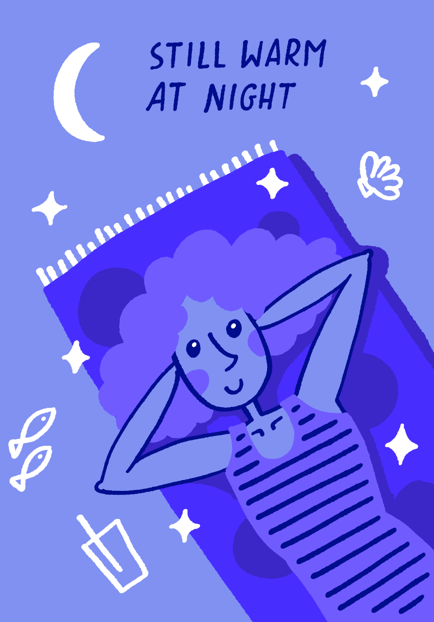 Woman relaxing on a blanket under a warm night sky.