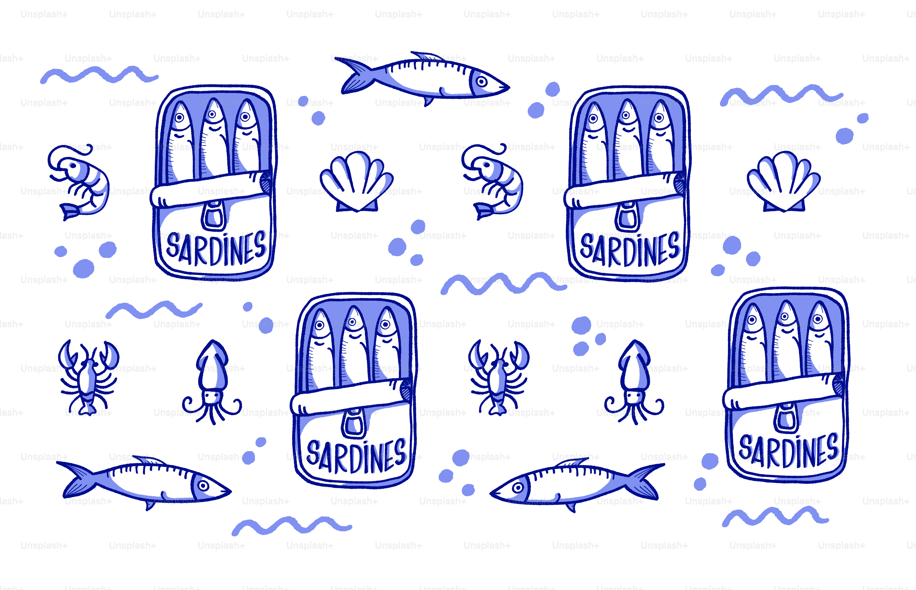 Blue line art pattern of sardine cans and various seafood.