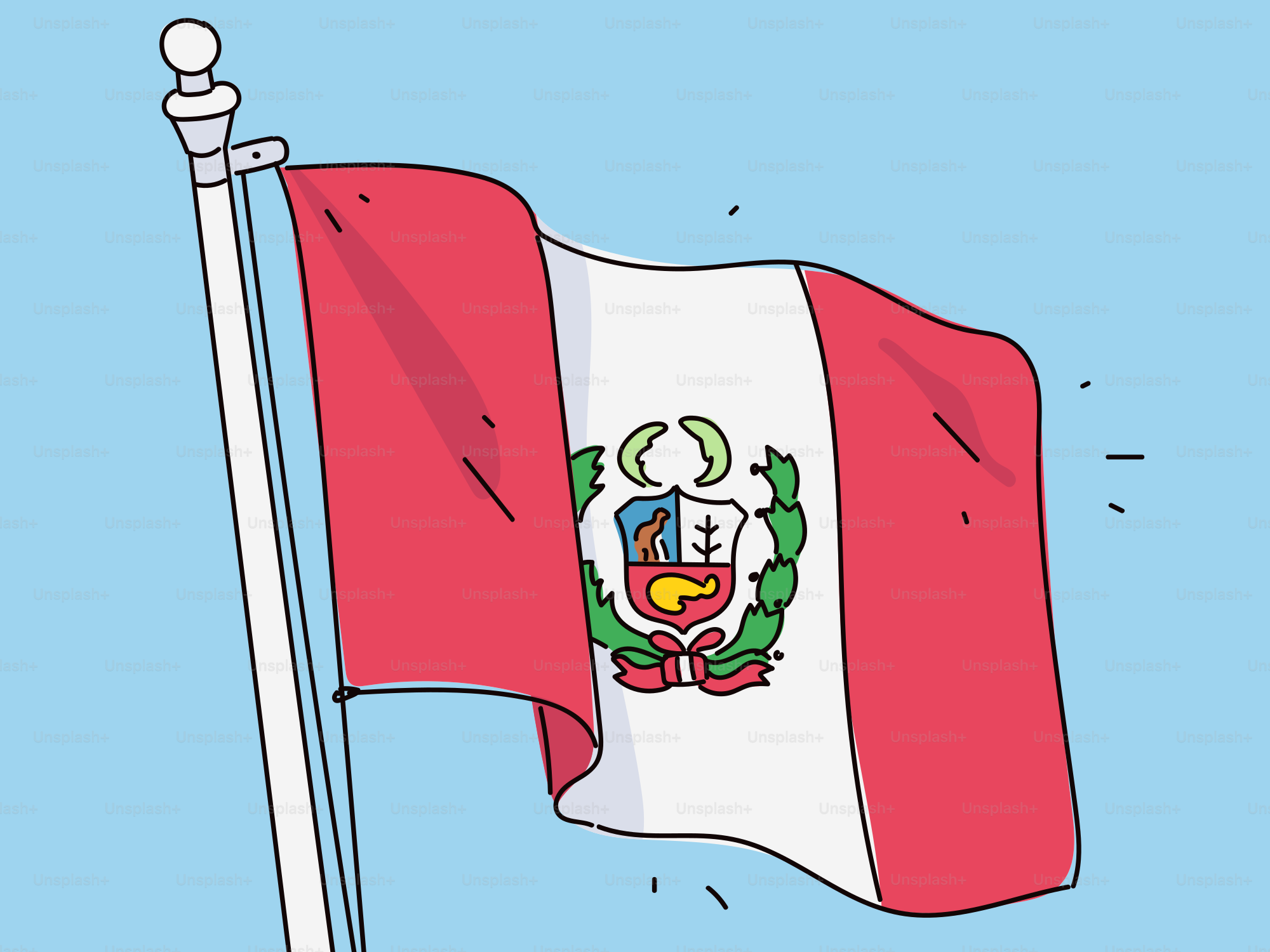 Mengibarkan bendera Peru di tiang bendera di langit biru.