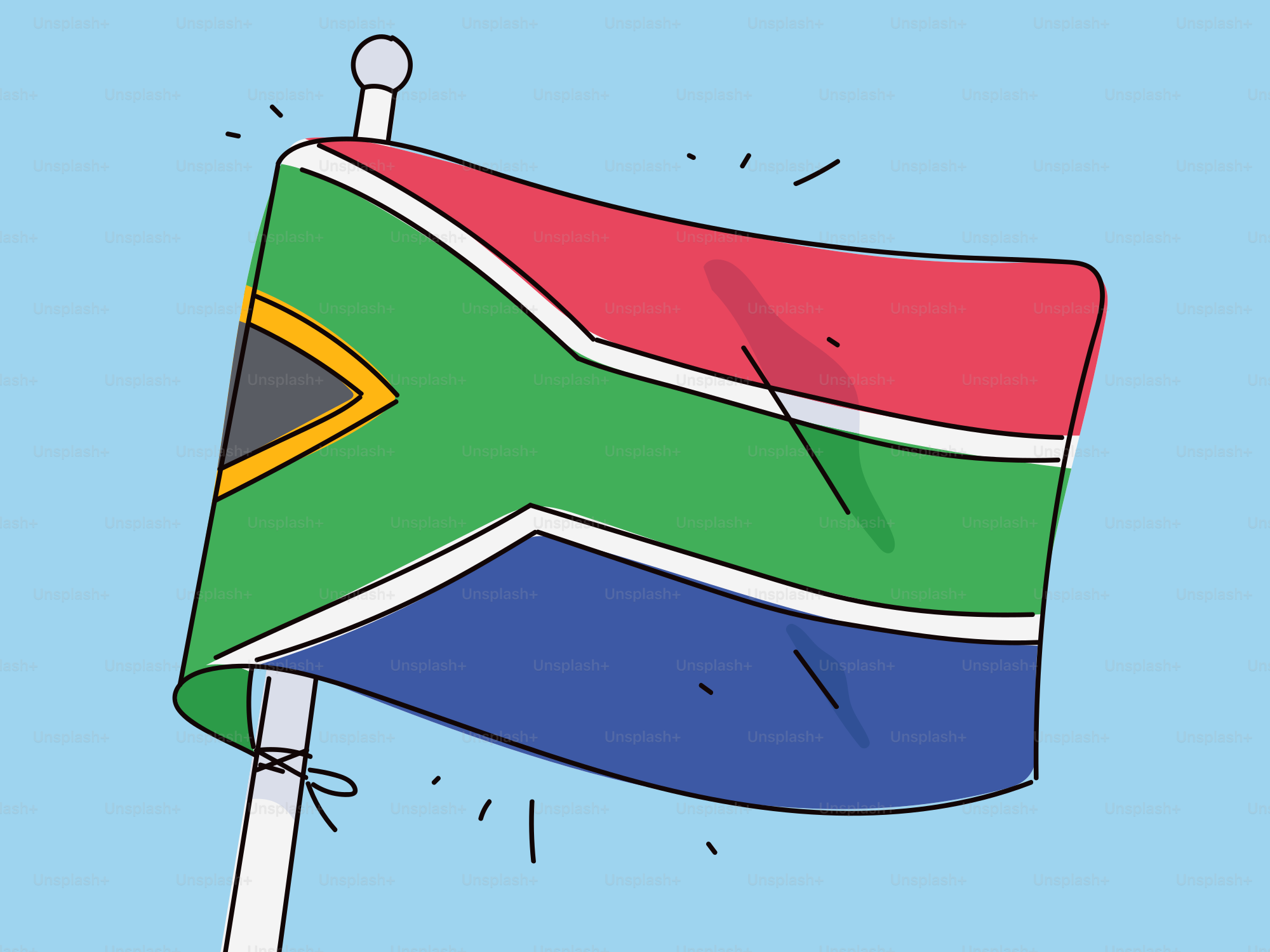Bendera Afrika Selatan berkibar di tiang bendera.
