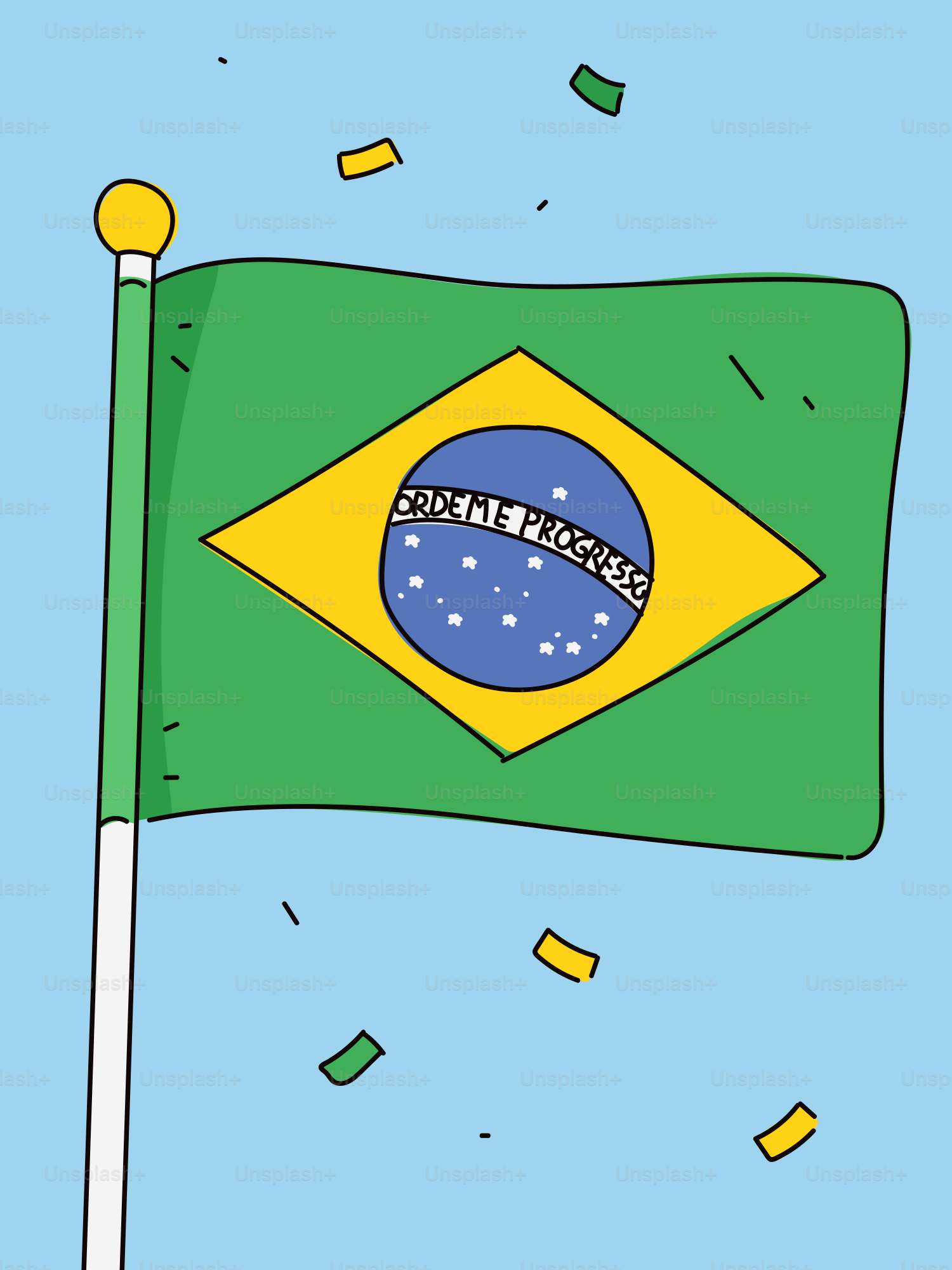 Bendera Brasil kartun berkibar di tiang dengan confetti.