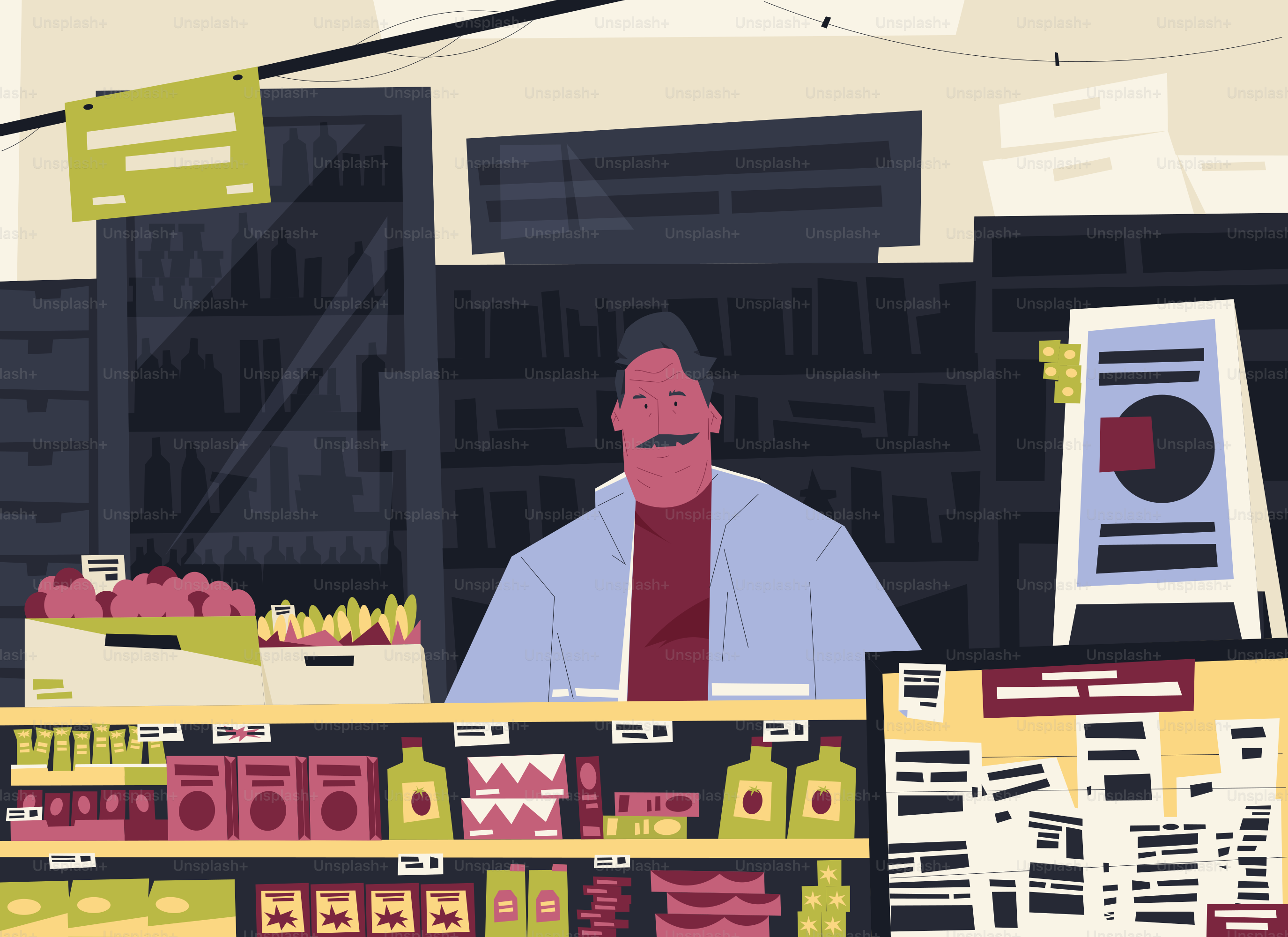 A man stands behind a store counter with products.