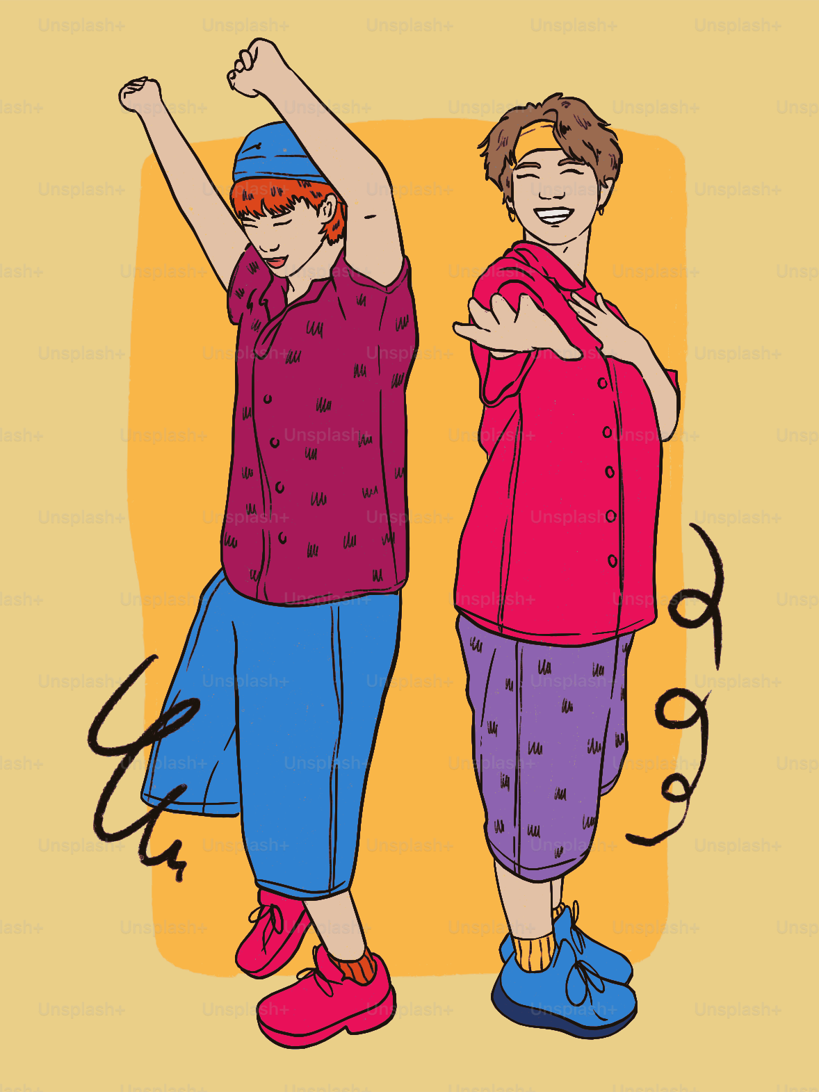 Two cartoon men in colorful outfits dancing happily