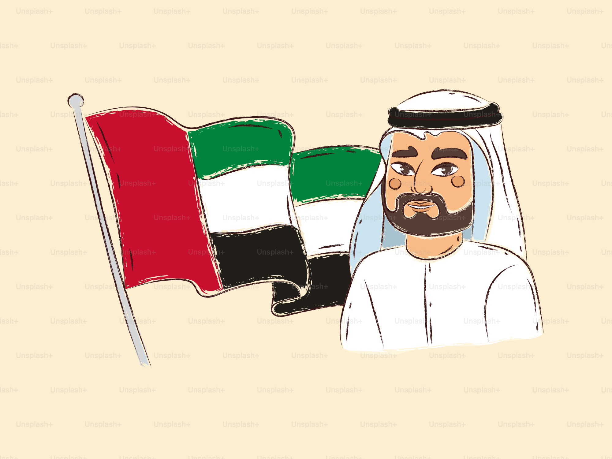 Ein Mann in traditioneller Kleidung steht neben der Flagge der VAE.